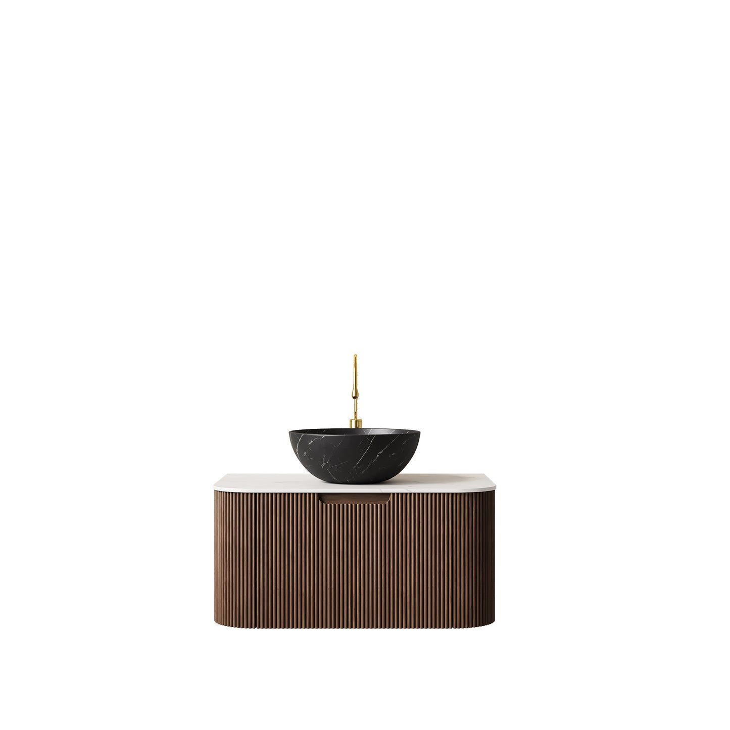 DINA 24" Bathroom Vanity&Sink, Floating Curved Edges Striped Storage Cabinet with Drawer, Stone Black Round Ceramic Basin&Carrara White Sintered Stone Top, Pre-assembled, Dark Walnut Woodgrain Color