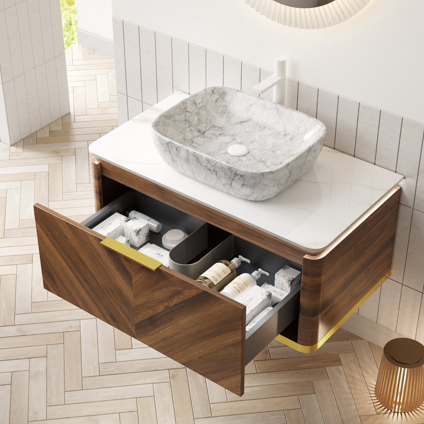 DIPA 60" Badezimmer-Waschtisch und Waschbecken, schwebender Sperrholz-Aufbewahrungsschrank, dunkle Walnussholzmaserung, gesinterte Steinplatte