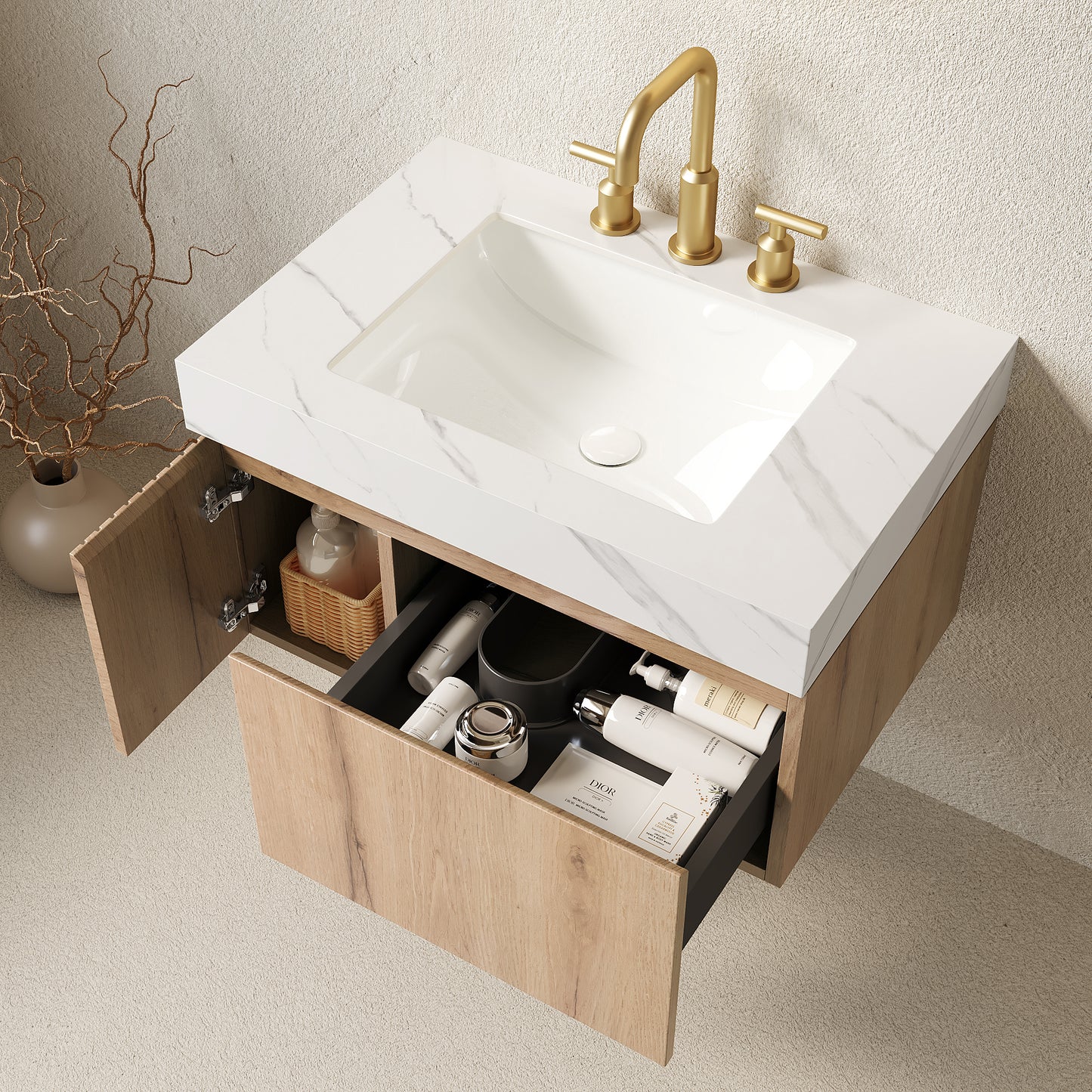MURI Bathroom Vanity&Sink, White Oak Woodgrain