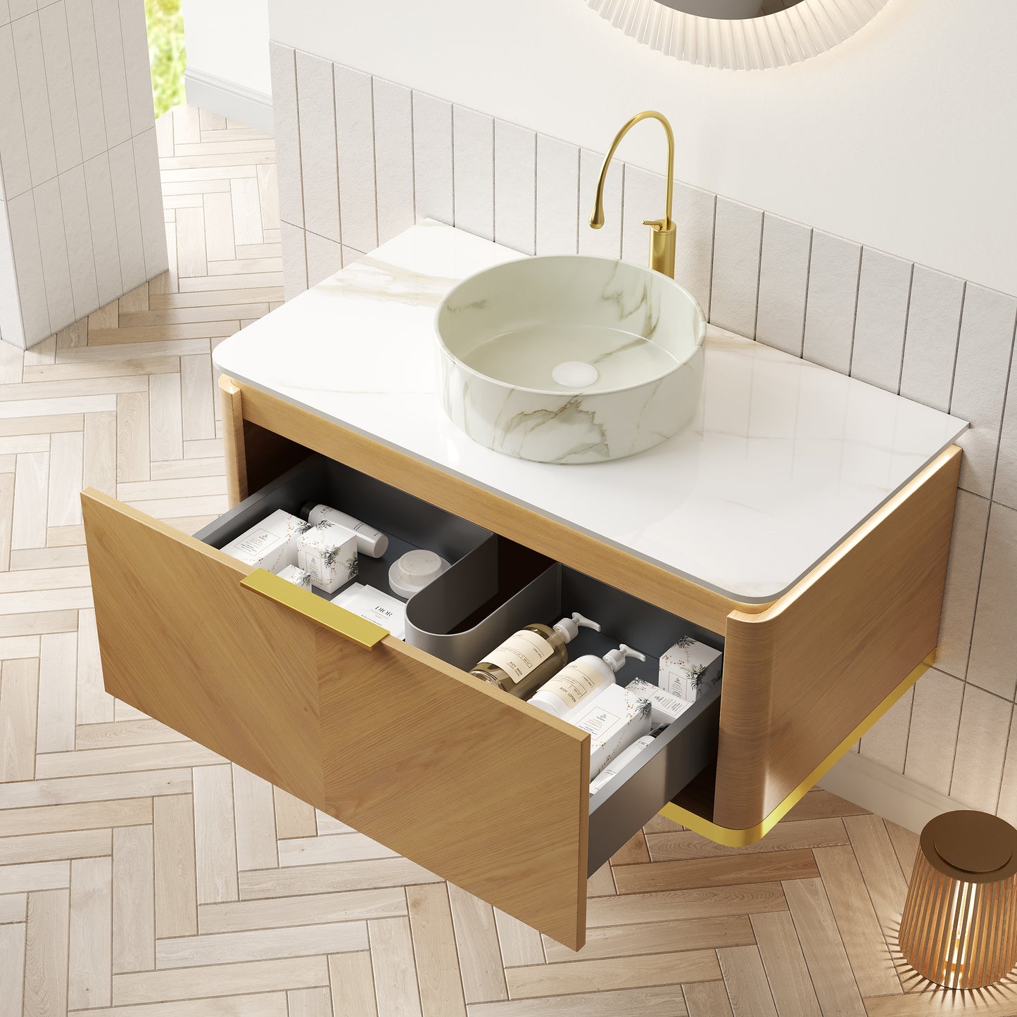 DIPA 60" Badezimmer-Waschtisch und Waschbecken, schwebender Sperrholz-Aufbewahrungsschrank mit Schublade, Eichenholzmaserung