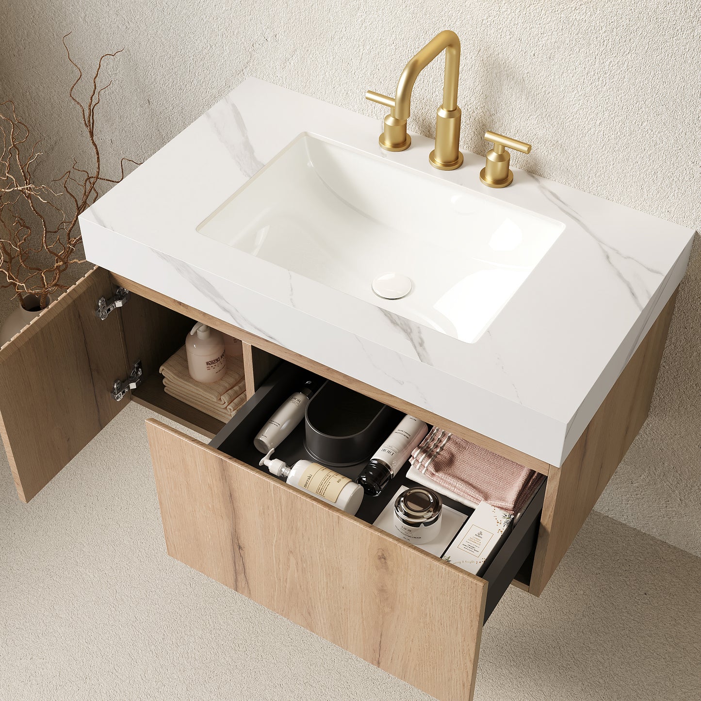 MURI Bathroom Vanity&Sink, White Oak Woodgrain