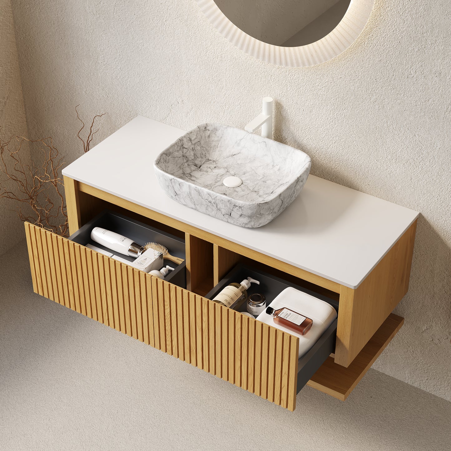 HIZON 48" Bathroom Vanity&Sink, Floating Plywood Bathroom Storage Cabinet with Drawers&Open Shelf
