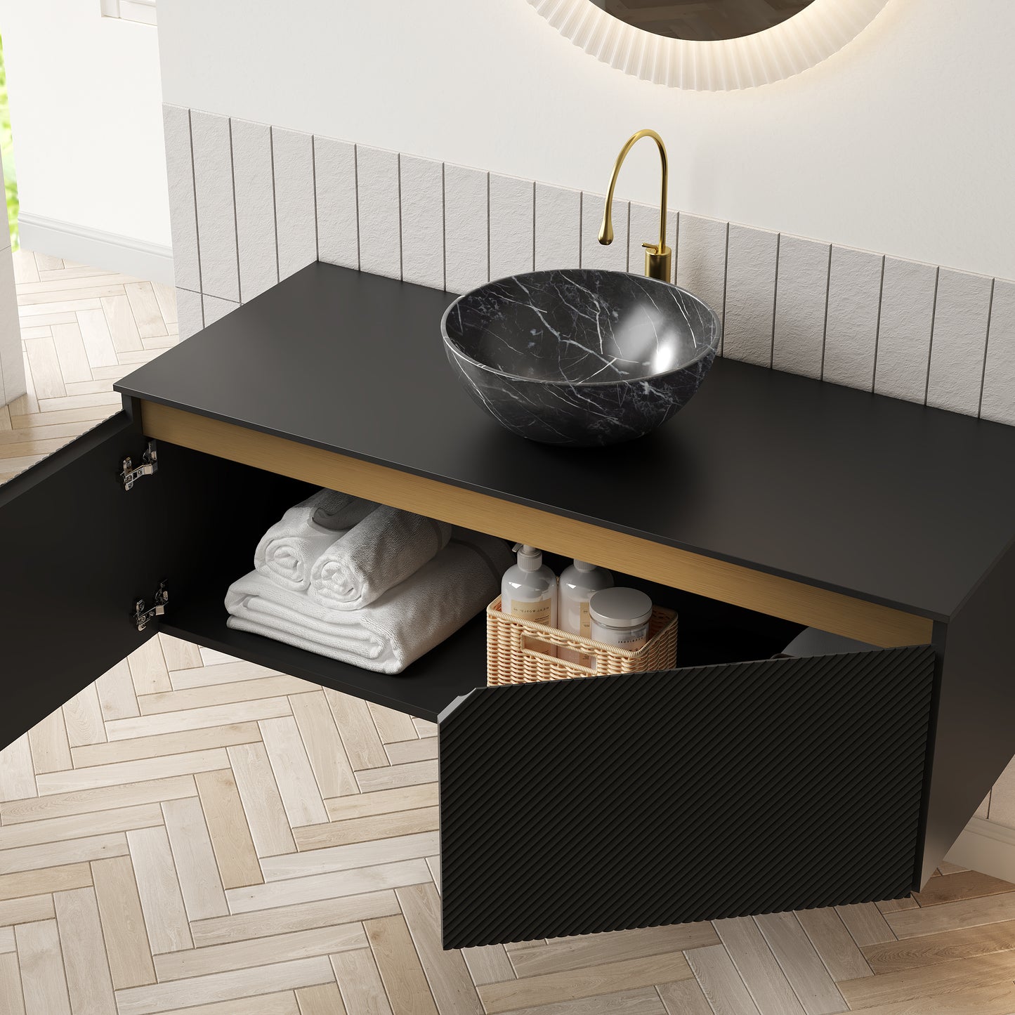 RUBEN 48" Bathroom Vanity&Sink, Wall-Mounted Floating Plywood Storage Cabinet, Black,Black Bowl Ceramic Vessel Basin