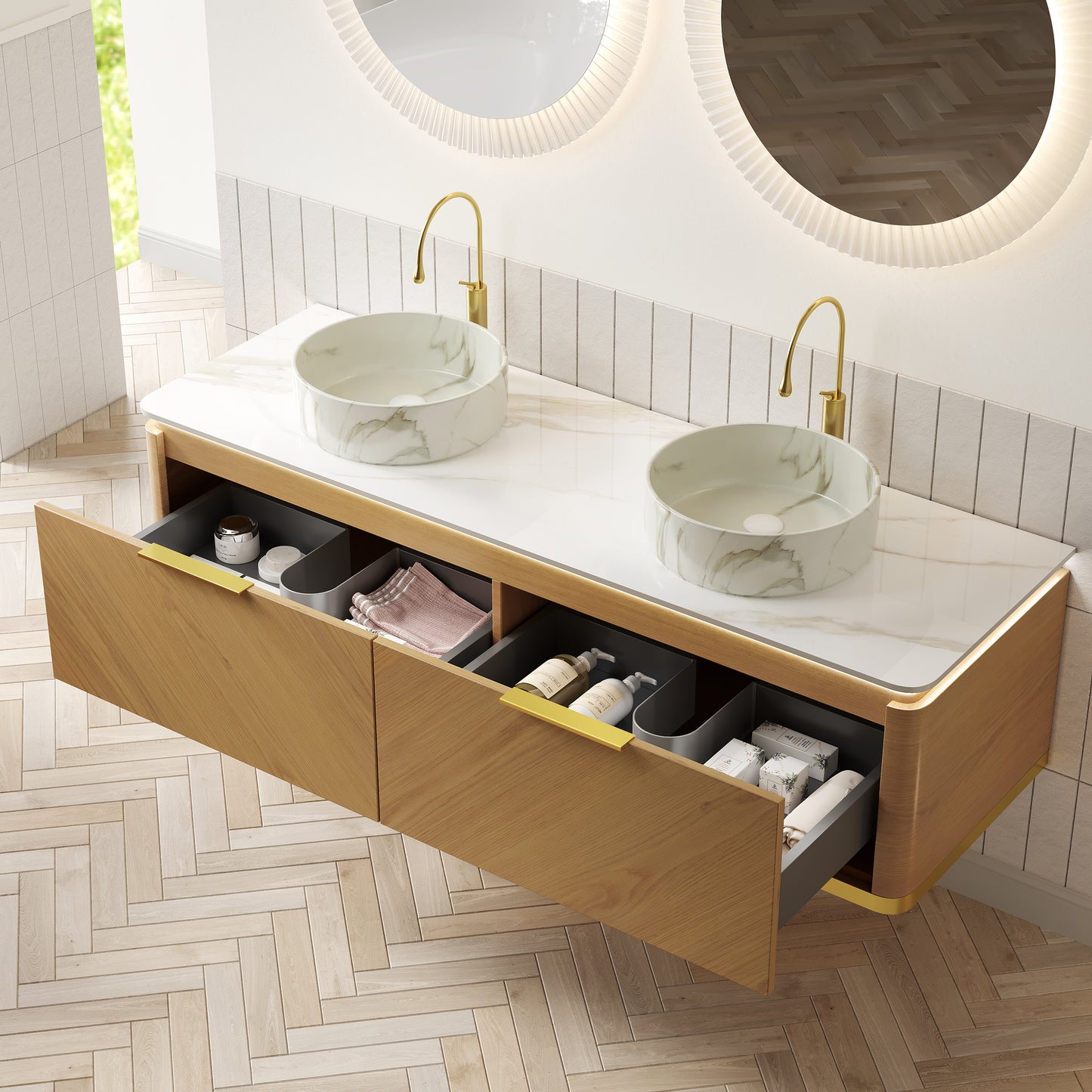 DIPA 60" Badezimmer-Waschtisch und Waschbecken, schwebender Sperrholz-Aufbewahrungsschrank mit Schublade, Eichenholzmaserung