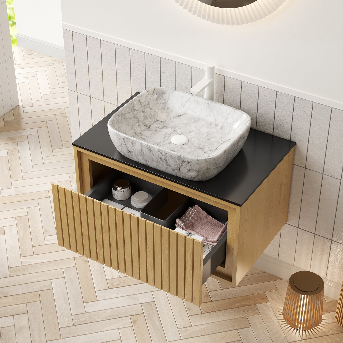 KOLAS 30" Bathroom Vanity&Sink, Wall-Mounted Plywood Bathroom Storage Cabinet with Drawer, Marble Pattern Ceramic Vessel Basin&Black Sintered Stone Top