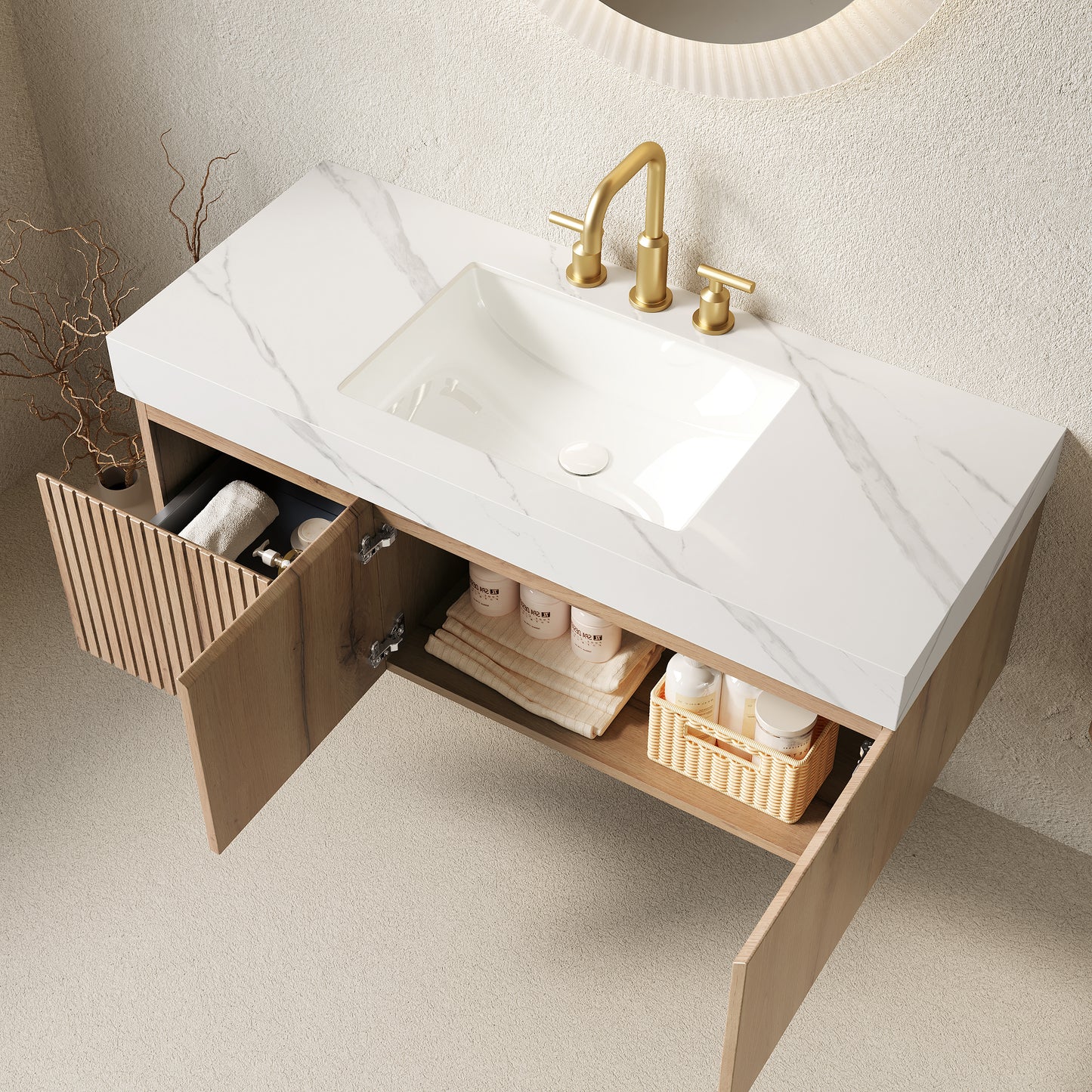 MURI Bathroom Vanity&Sink, White Oak Woodgrain