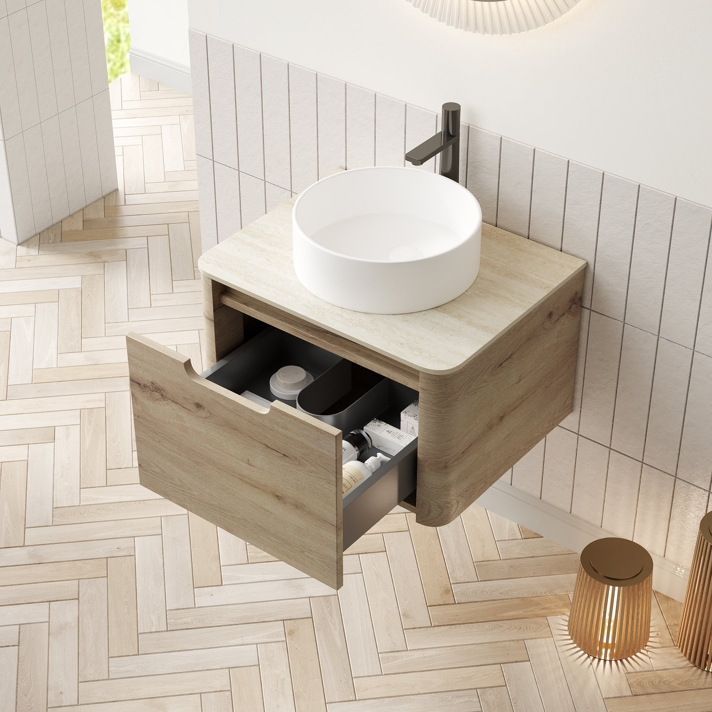 XAI 36" Badezimmerwaschtisch mit Waschbecken, Wandmontierter Sperrholzschrank mit Schublade, Weißes rundes Keramikbecken