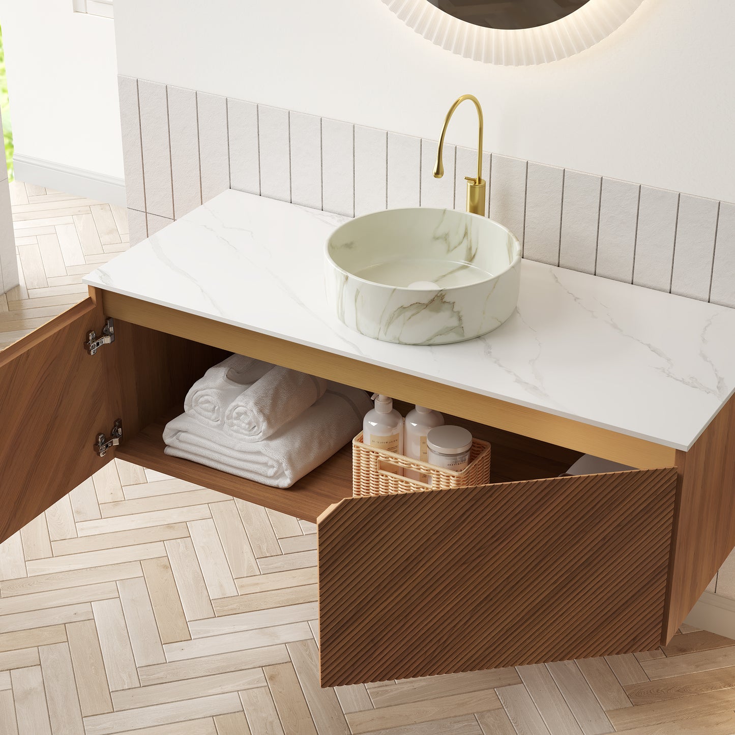 RUBEN 48" Bathroom Vanity&Sink, Floating Plywood Storage Cabinet,  Stone Pattern White Round Ceramic Vessel Basin