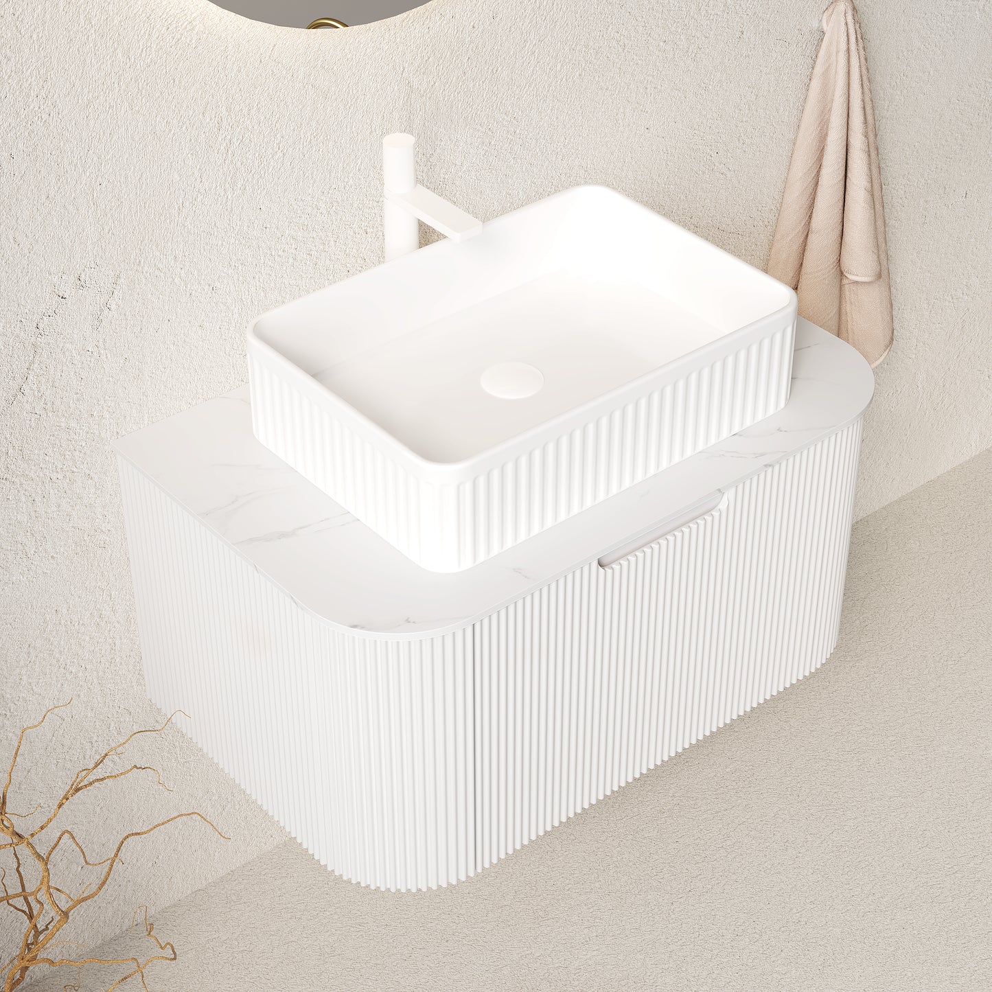 DINA Bathroom Vanity&Sink, Floating Curved Edges Striped Plywood Storage Bathroom Cabinet,White