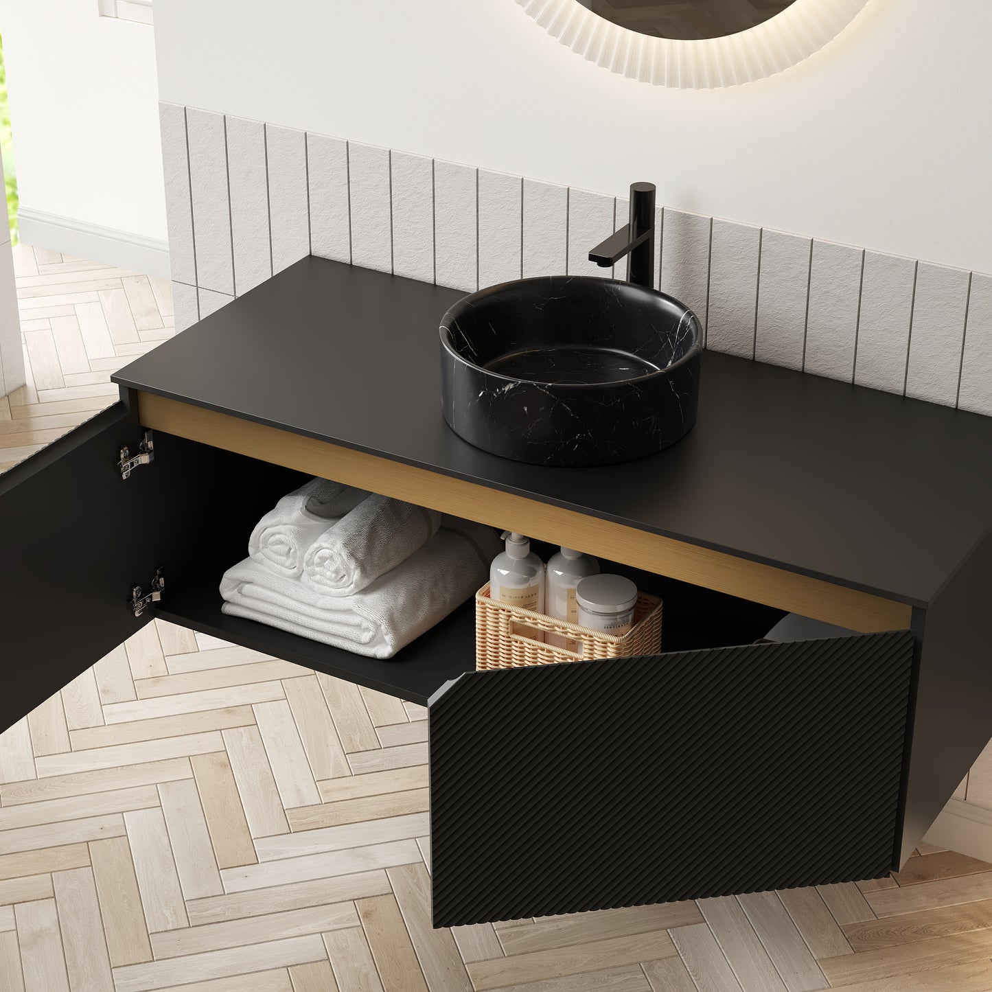 RUBEN 30" Bathroom Vanity&Sink, Wall-Mounted Floating Plywood Storage Cabinet, Black, Black Round Ceramic Vessel Basin