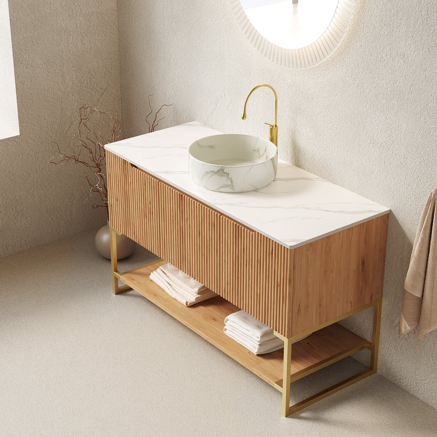 TULIO 48'' Bathroom Vanity&Sink, Freestanding Storage Cabinet with 3 Doors&Open Shelf