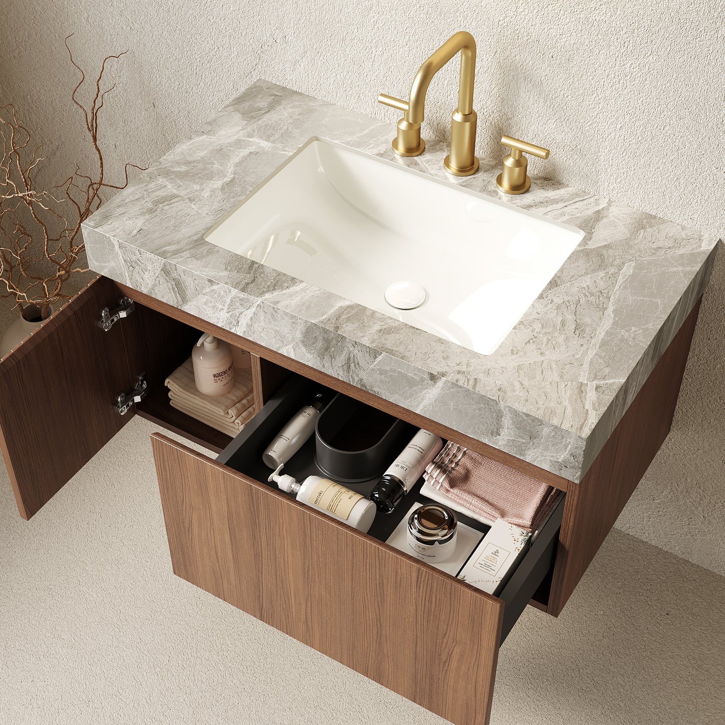 MURI Bathroom Vanity&Sink, Brown Oak Woodgrain Color