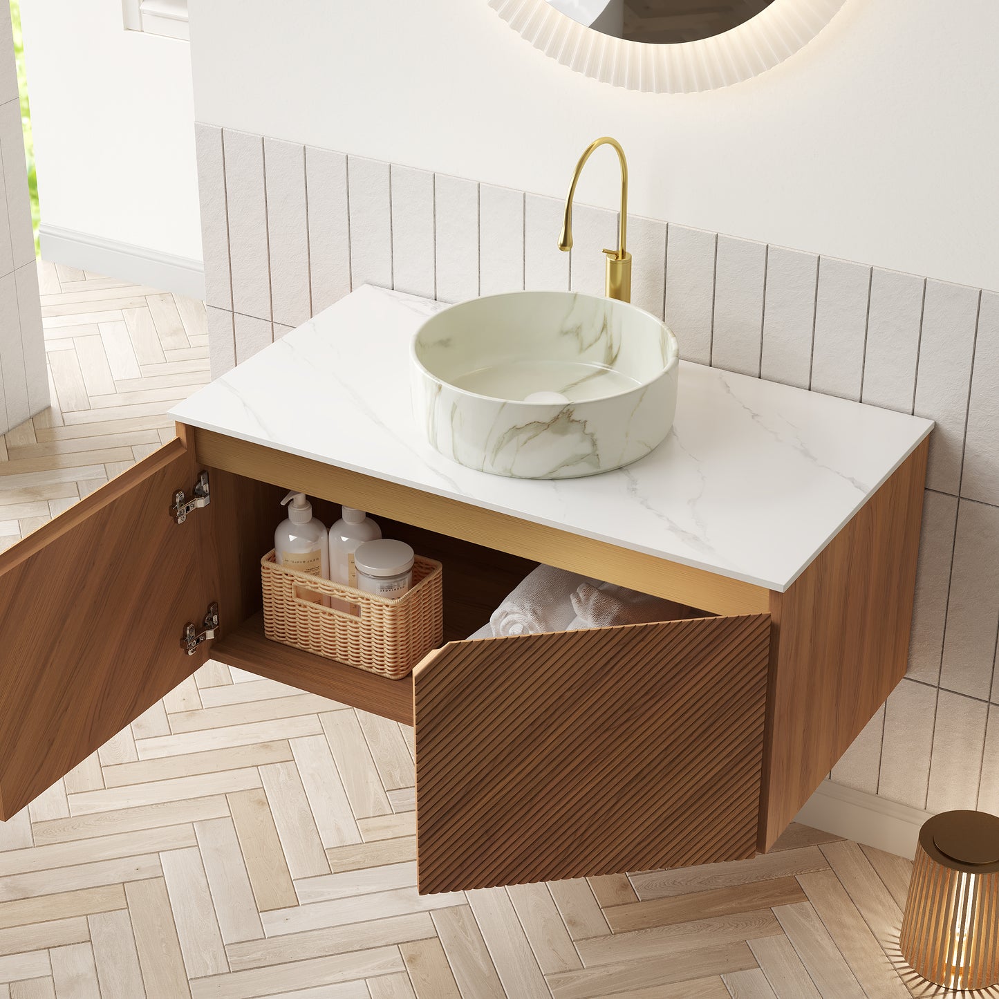RUBEN 48" Bathroom Vanity&Sink, Floating Plywood Storage Cabinet,  Stone Pattern White Round Ceramic Vessel Basin