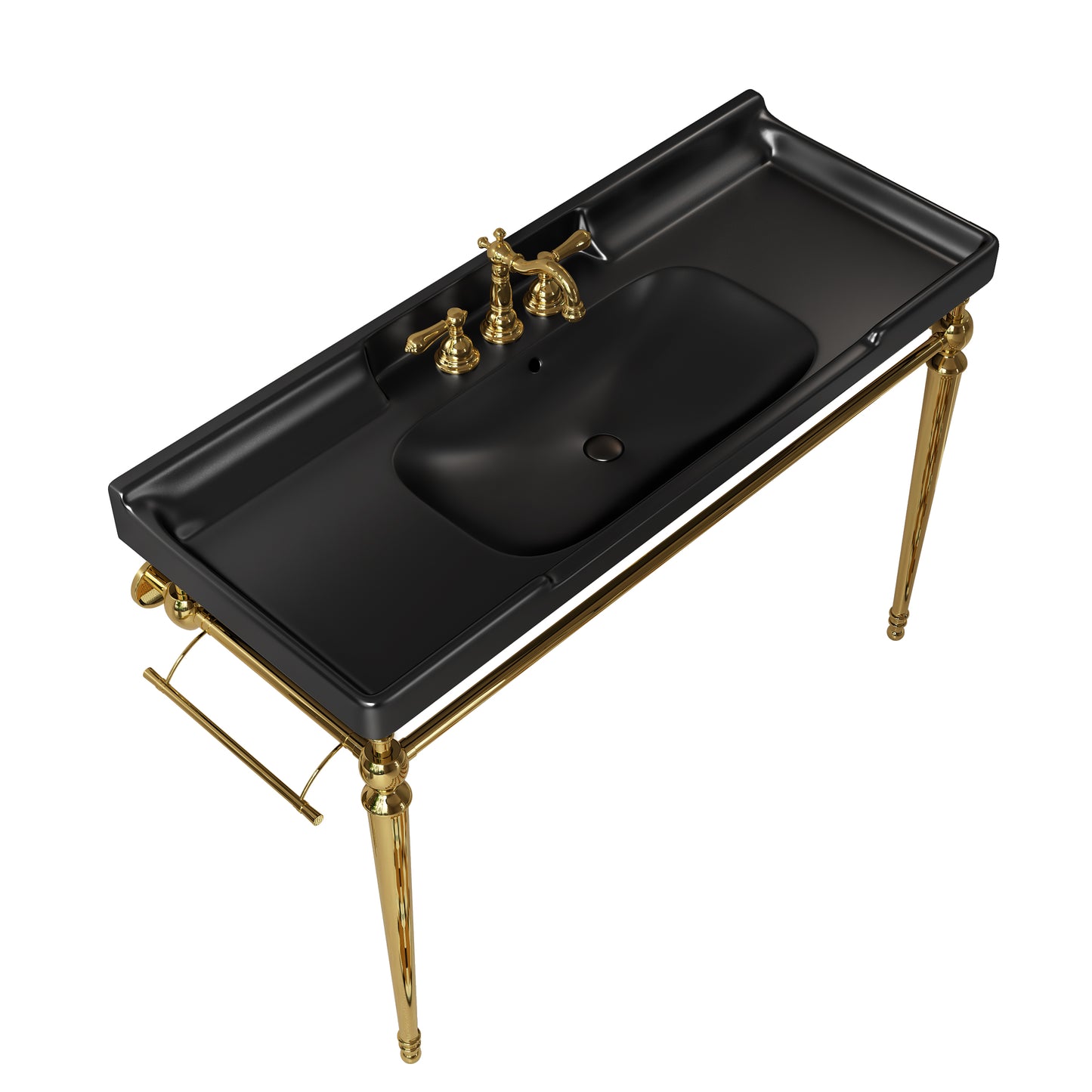 VICI 36" Badezimmer-Konsolenwaschbecken, wandmontiertes schwarzes Keramikwaschbecken mit 3 vorgebohrten Wasserhahnlöchern, freistehende Stützbeine aus Edelstahl mit Handtuchhalter 