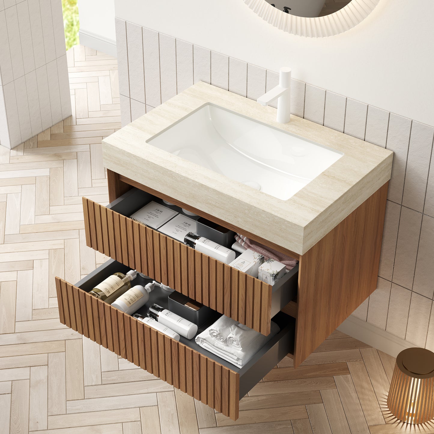 TILLEY 30" Bathroom Vanity&Sink, Floating Striped Plywood Storage Cabinet with 2 Drawers,Travertine-Pattern Sintered Stone Top