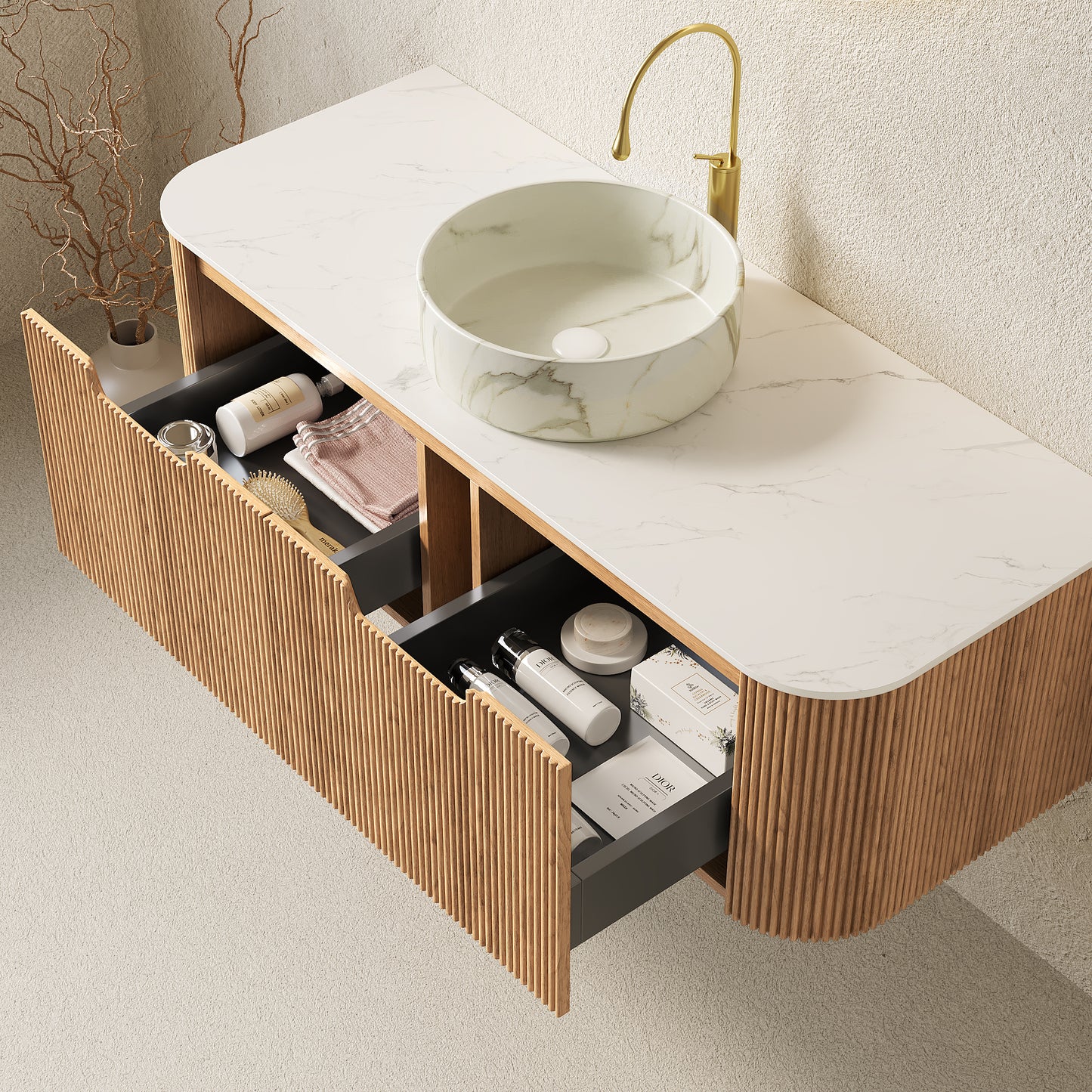 DINA Bathroom Vanity&Sinks, Floating Curved Edges Striped Storage Cabinet, Natural Woodgrain