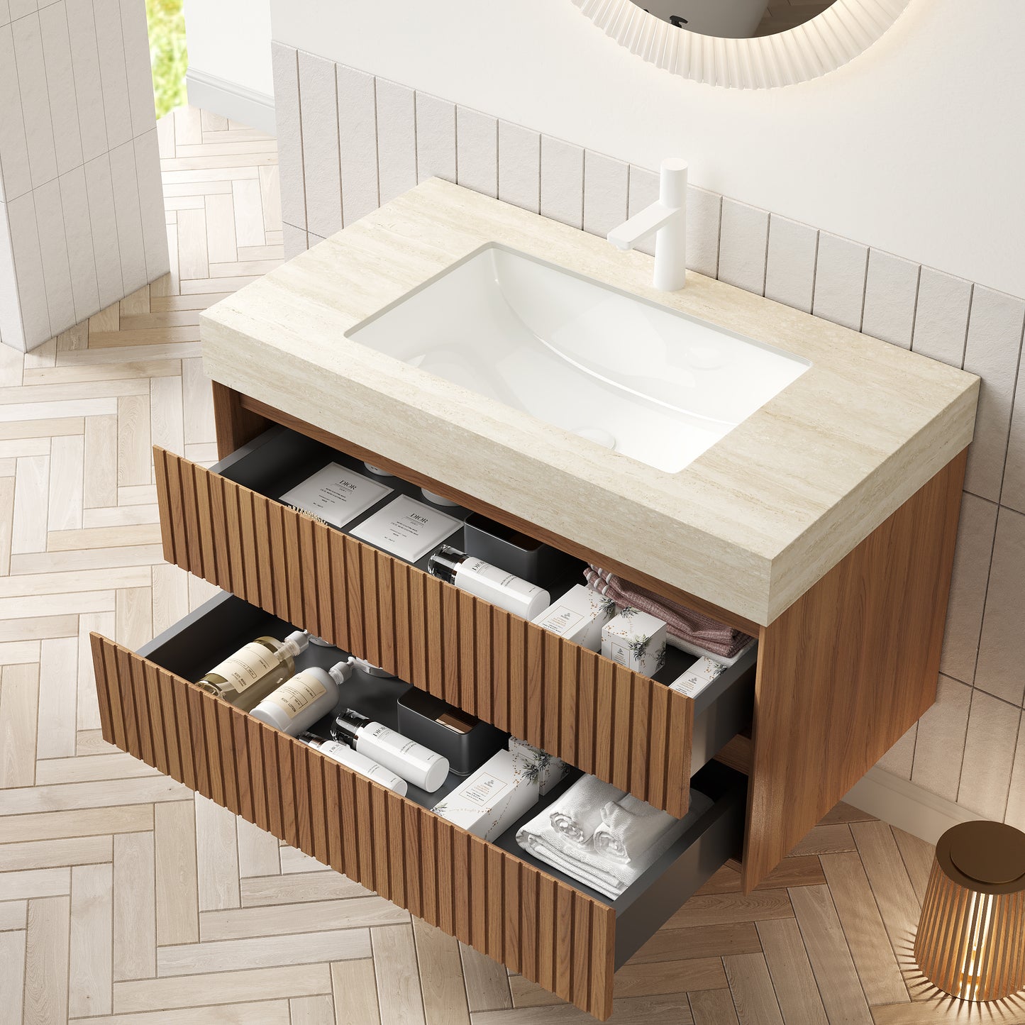 TILLEY 30" Bathroom Vanity&Sink, Floating Striped Plywood Storage Cabinet with 2 Drawers,Travertine-Pattern Sintered Stone Top