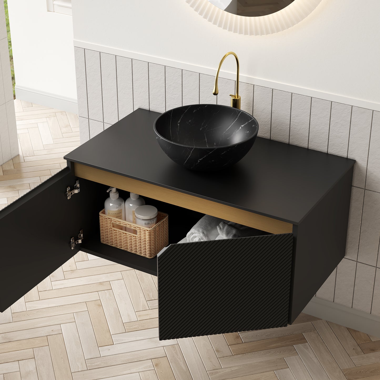 RUBEN 36" Bathroom Vanity&Sink, Wall-Mounted Floating Plywood Storage Cabinet, Twill Double Doors with Metal Trim, Transparent Black Round Glass Basin&Black Sintered Stone Top, Black