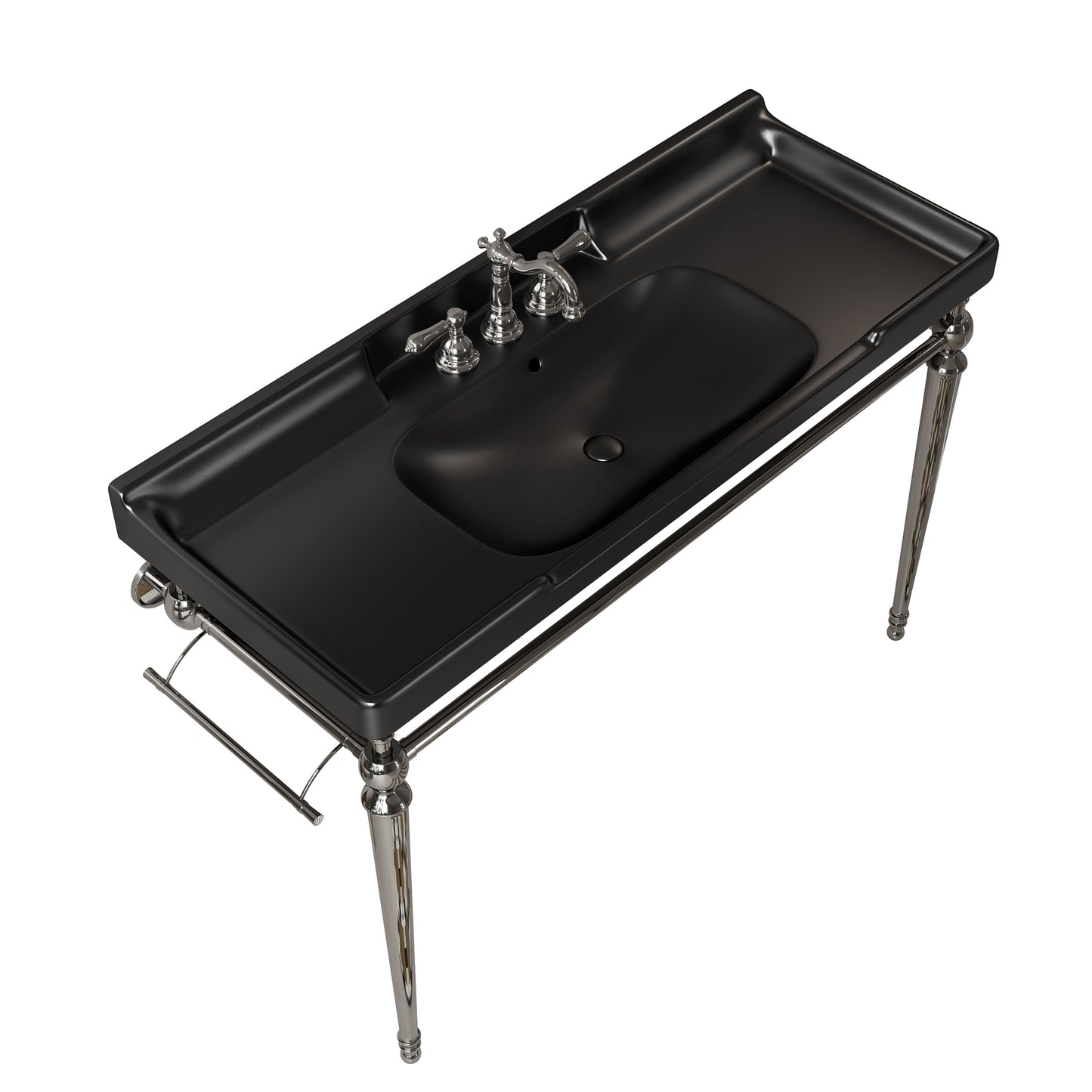VICI 36" Badezimmer-Konsolenwaschbecken, wandmontiertes schwarzes Keramikwaschbecken mit 3 vorgebohrten Wasserhahnlöchern, freistehende Stützbeine aus Edelstahl mit Handtuchhalter 
