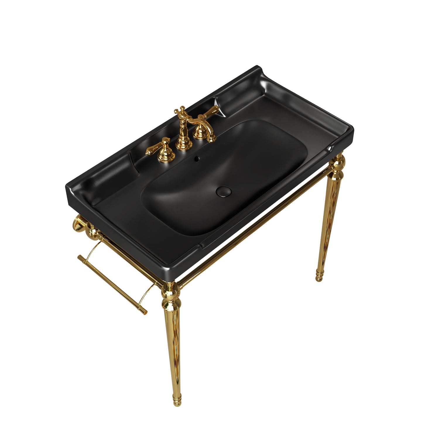 VICI 36" Badezimmer-Konsolenwaschbecken, wandmontiertes schwarzes Keramikwaschbecken mit 3 vorgebohrten Wasserhahnlöchern, freistehende Stützbeine aus Edelstahl mit Handtuchhalter 