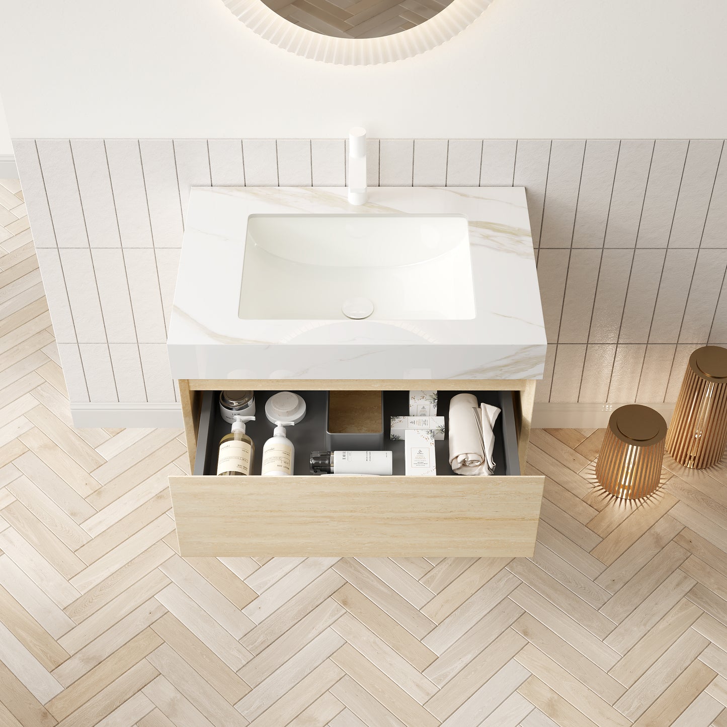 FRIGGA 30" Badezimmer-Waschtisch und Waschbecken, schwebender Sperrholz-Aufbewahrungsschrank, Schublade und Regal mit Sensorlicht