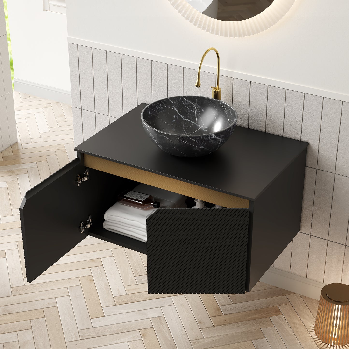 RUBEN 48" Bathroom Vanity&Sink, Wall-Mounted Floating Plywood Storage Cabinet, Black,Black Bowl Ceramic Vessel Basin