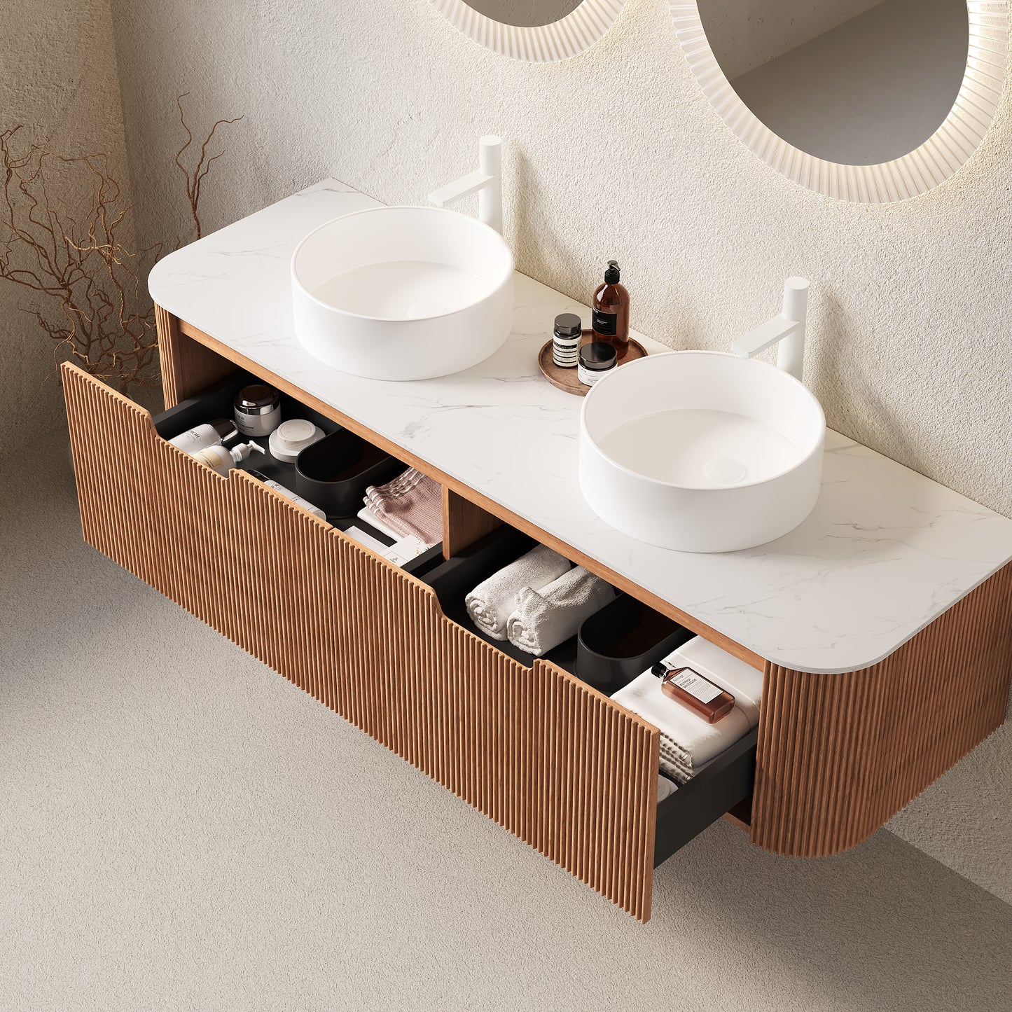 DINA Bathroom Vanity&Sinks, Floating Curved Edges Striped Storage Cabinet, Natural Woodgrain