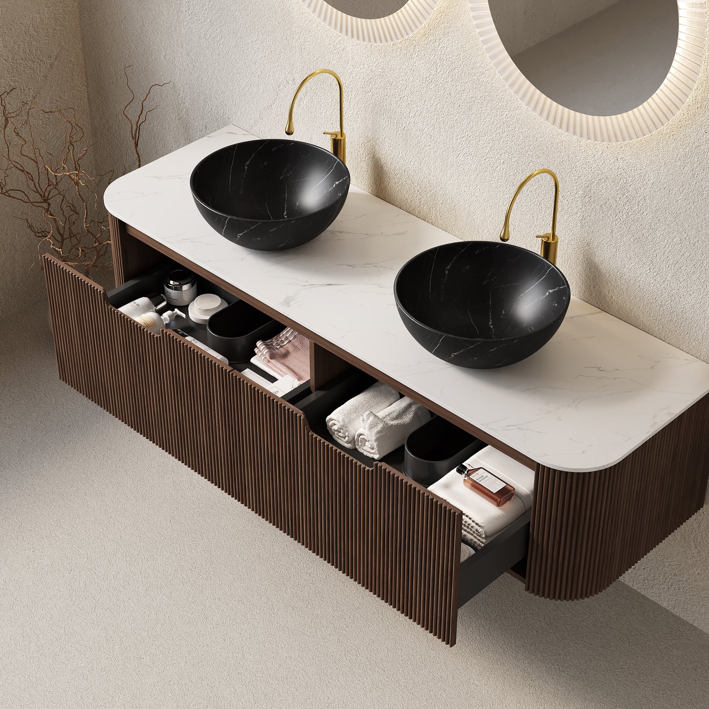DINA 24" Bathroom Vanity&Sink, Floating Curved Edges Striped Storage Cabinet with Drawer, Stone Black Round Ceramic Basin&Carrara White Sintered Stone Top, Pre-assembled, Dark Walnut Woodgrain Color