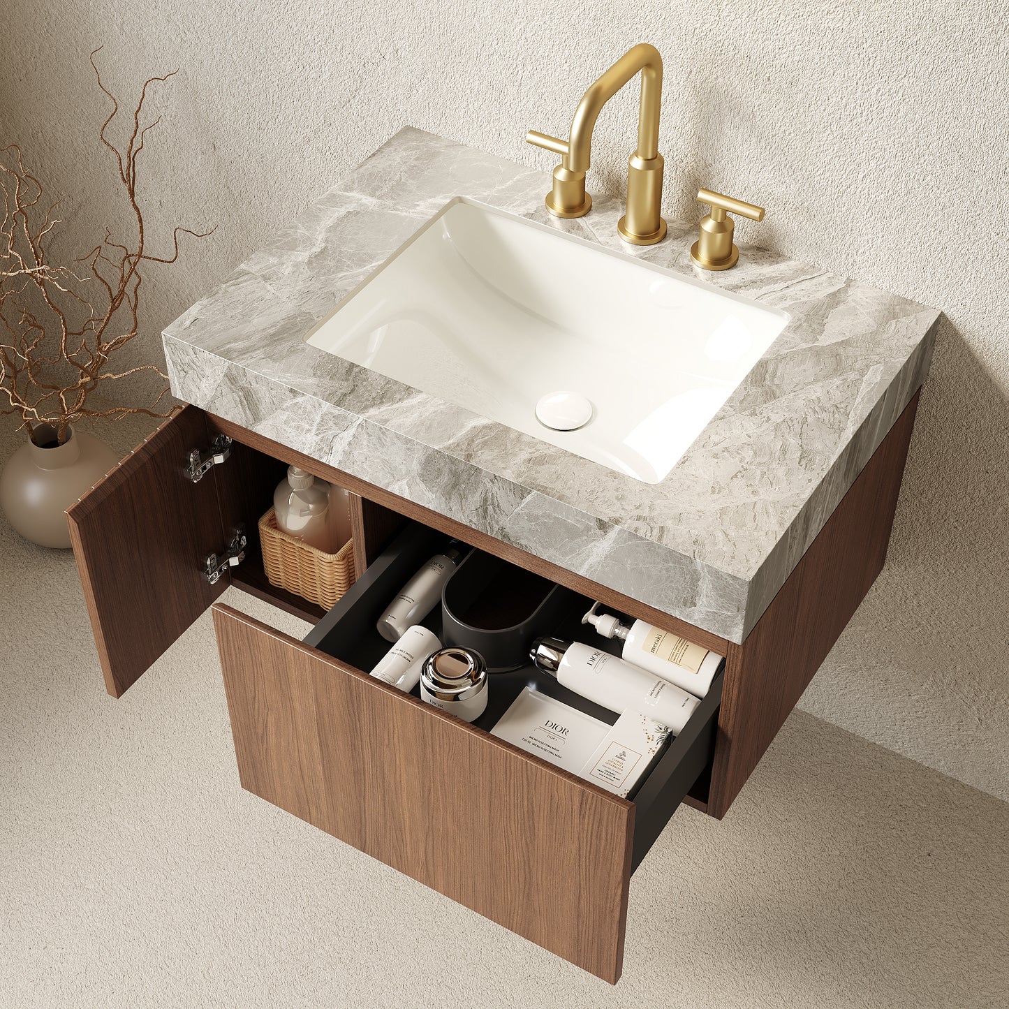 MURI Bathroom Vanity&Sink, Brown Oak Woodgrain Color