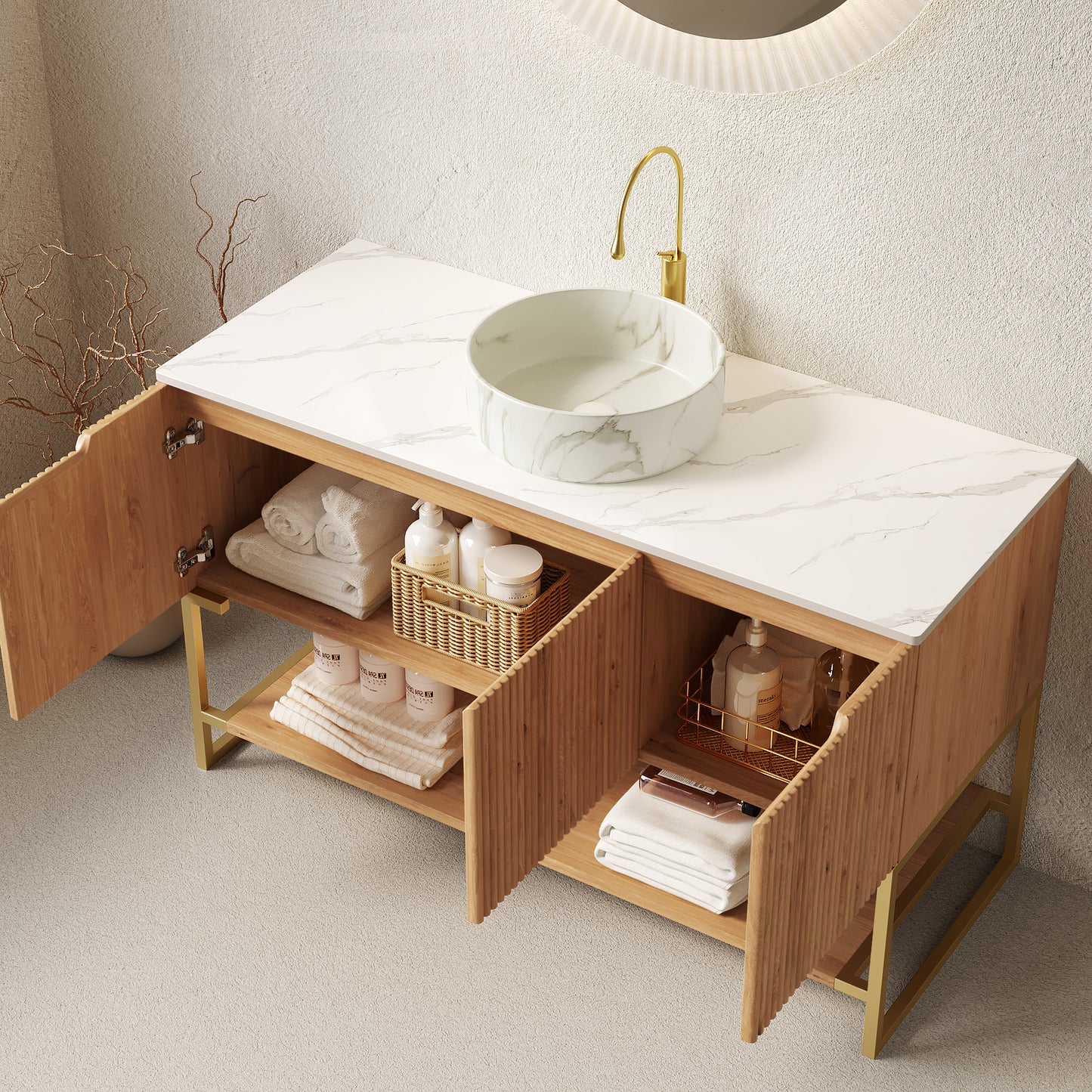 TULIO 48'' Bathroom Vanity&Sink, Freestanding Storage Cabinet with 3 Doors&Open Shelf