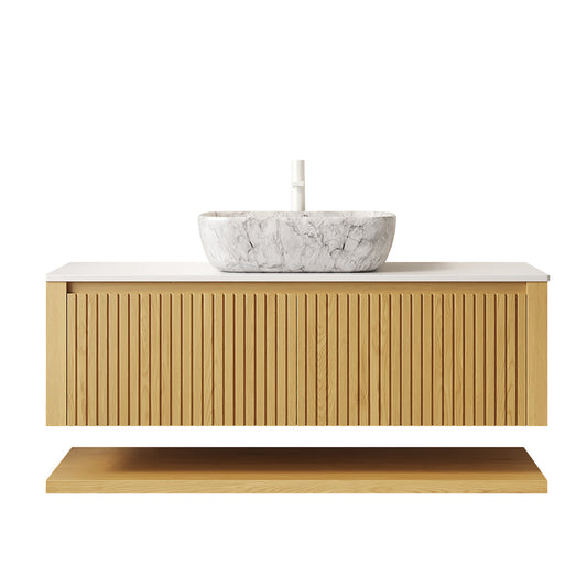 HIZON 48" Bathroom Vanity&Sink, Floating Plywood Bathroom Storage Cabinet with Drawers&Open Shelf, Marble Pattern Ceramic Basin&White Sintered Stone Top