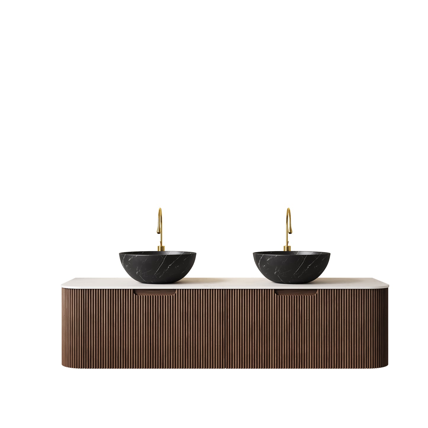 DINA 24" Bathroom Vanity&Sink, Floating Curved Edges Striped Storage Cabinet with Drawer, Stone Black Round Ceramic Basin&Carrara White Sintered Stone Top, Pre-assembled, Dark Walnut Woodgrain Color