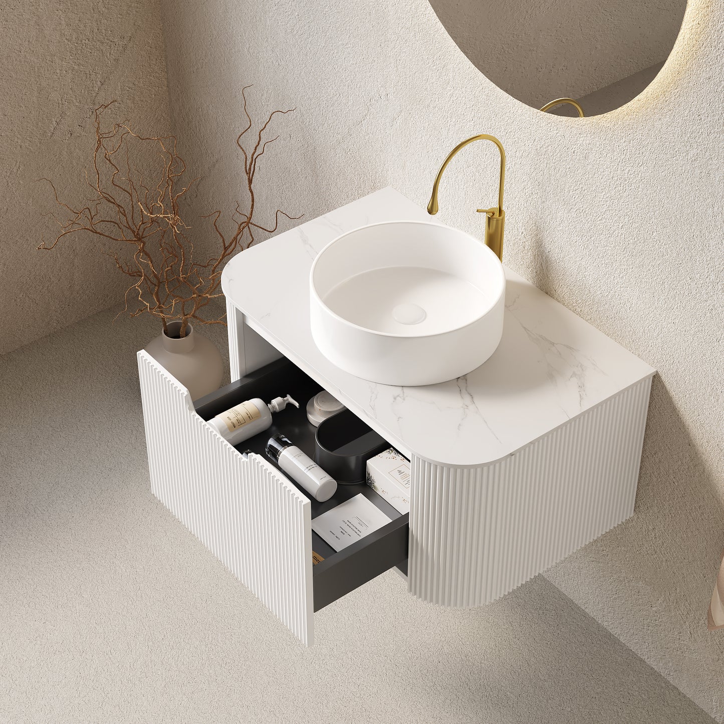 DINA 24" Bathroom Vanity&Sink, Floating Curved Edges Striped Plywood Storage Bathroom Cabinet with Drawer, White Round Ceramic Basin& Carrara White Sintered Stone Top, Pre-assembled, White (New SKU)