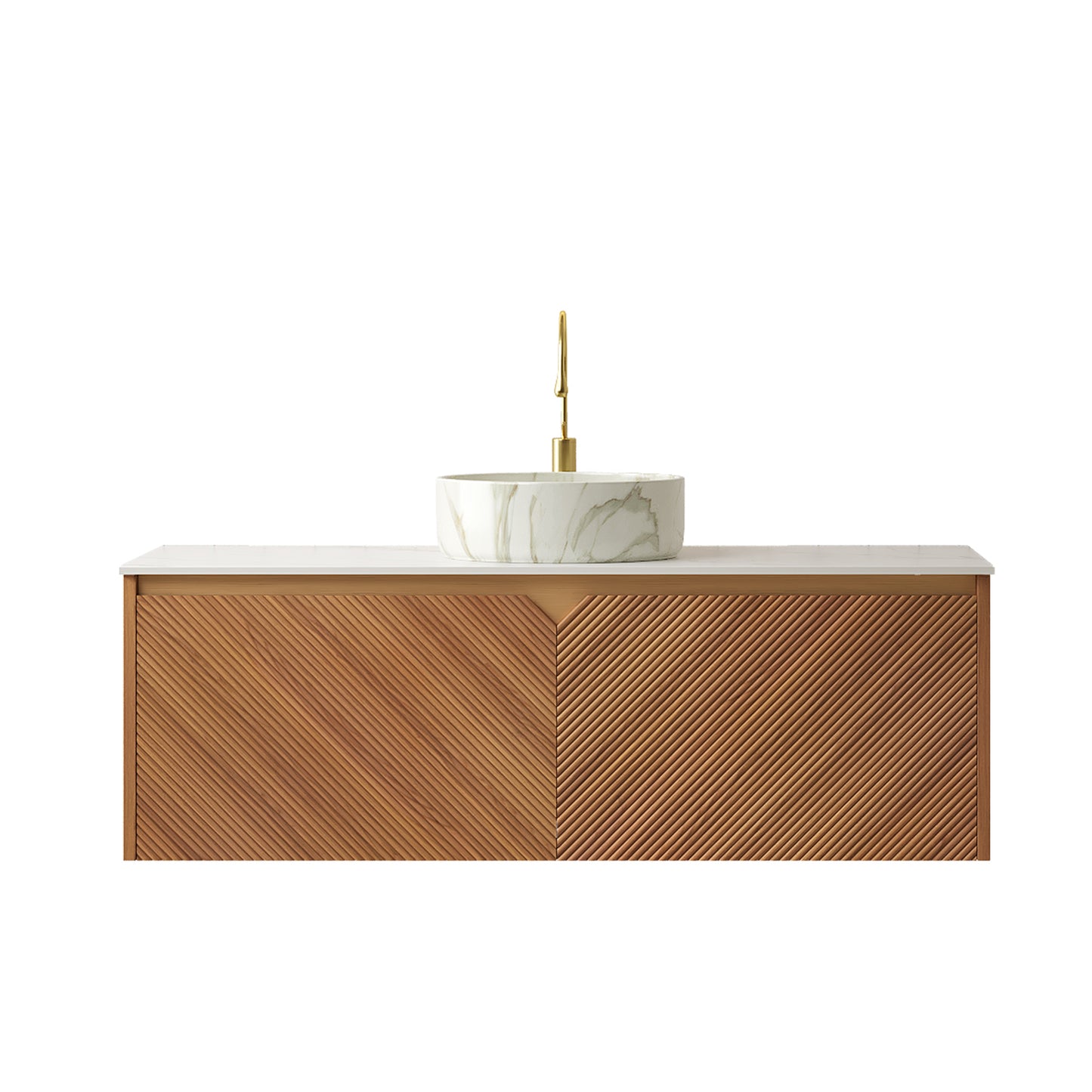 RUBEN 48" Bathroom Vanity&Sink, Floating Plywood Storage Cabinet,  Stone Pattern White Round Ceramic Vessel Basin