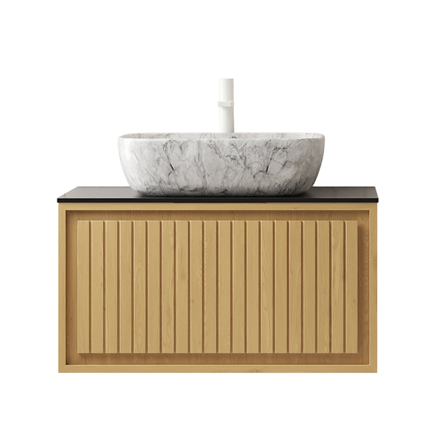 KOLAS 30" Bathroom Vanity&Sink, Wall-Mounted Plywood Bathroom Storage Cabinet with Drawer, Marble Pattern Ceramic Vessel Basin&Black Sintered Stone Top