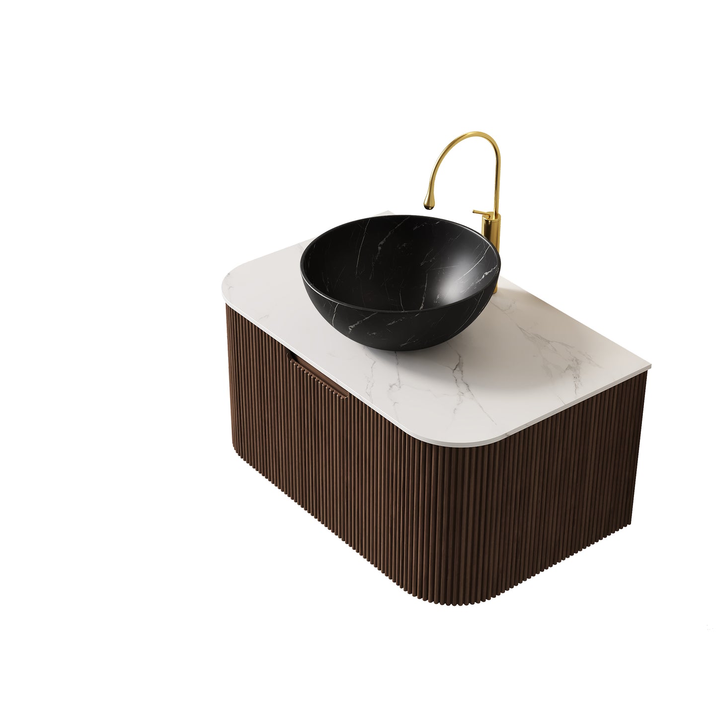 DINA 24" Bathroom Vanity&Sink, Floating Curved Edges Striped Storage Cabinet with Drawer, Stone Black Round Ceramic Basin&Carrara White Sintered Stone Top, Pre-assembled, Dark Walnut Woodgrain Color