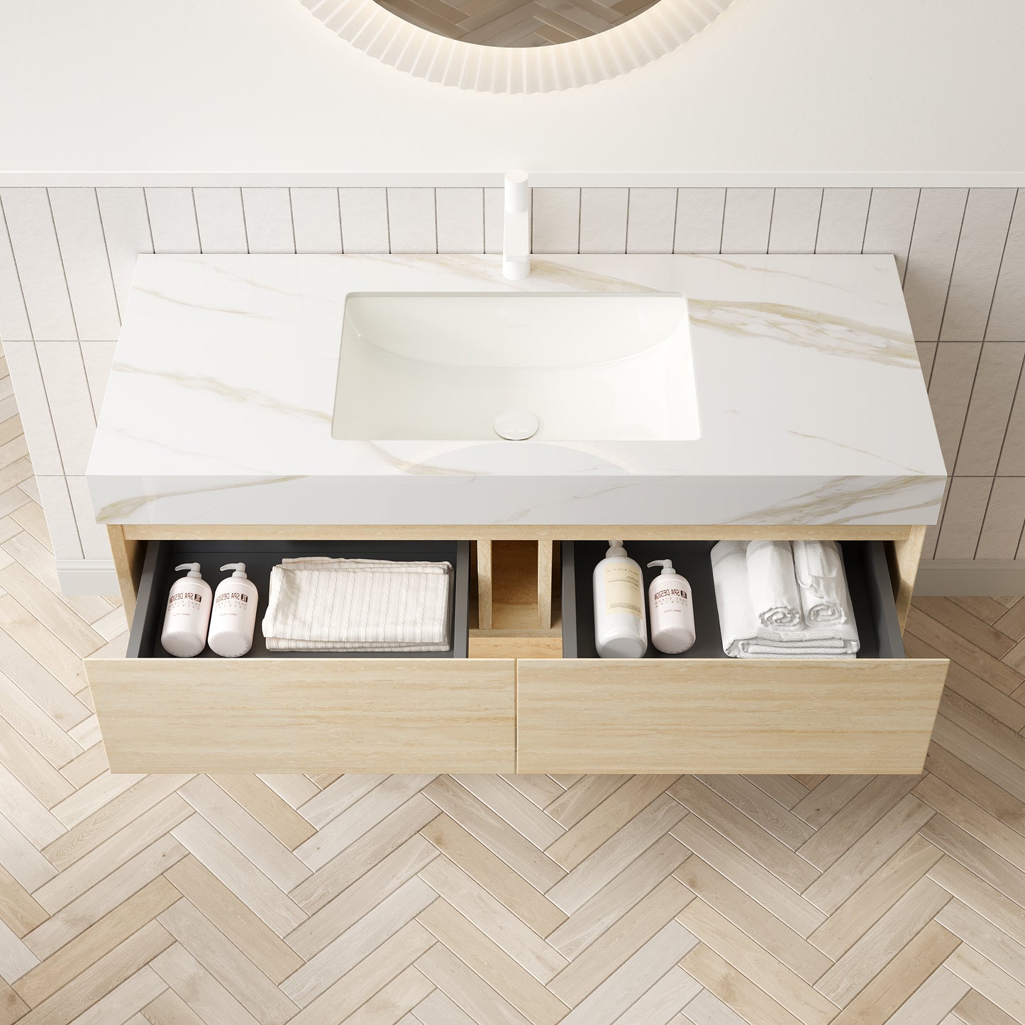 FRIGGA 30" Badezimmer-Waschtisch und Waschbecken, schwebender Sperrholz-Aufbewahrungsschrank, Schublade und Regal mit Sensorlicht