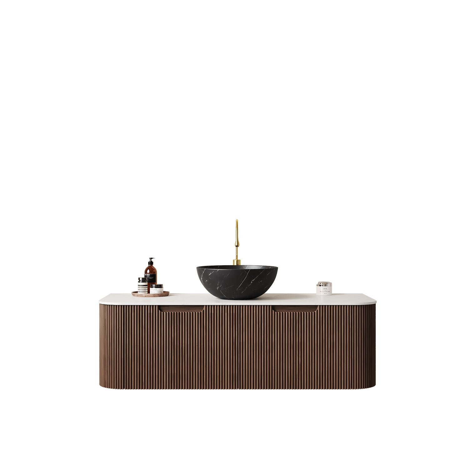 DINA 24" Bathroom Vanity&Sink, Floating Curved Edges Striped Storage Cabinet with Drawer, Stone Black Round Ceramic Basin&Carrara White Sintered Stone Top, Pre-assembled, Dark Walnut Woodgrain Color