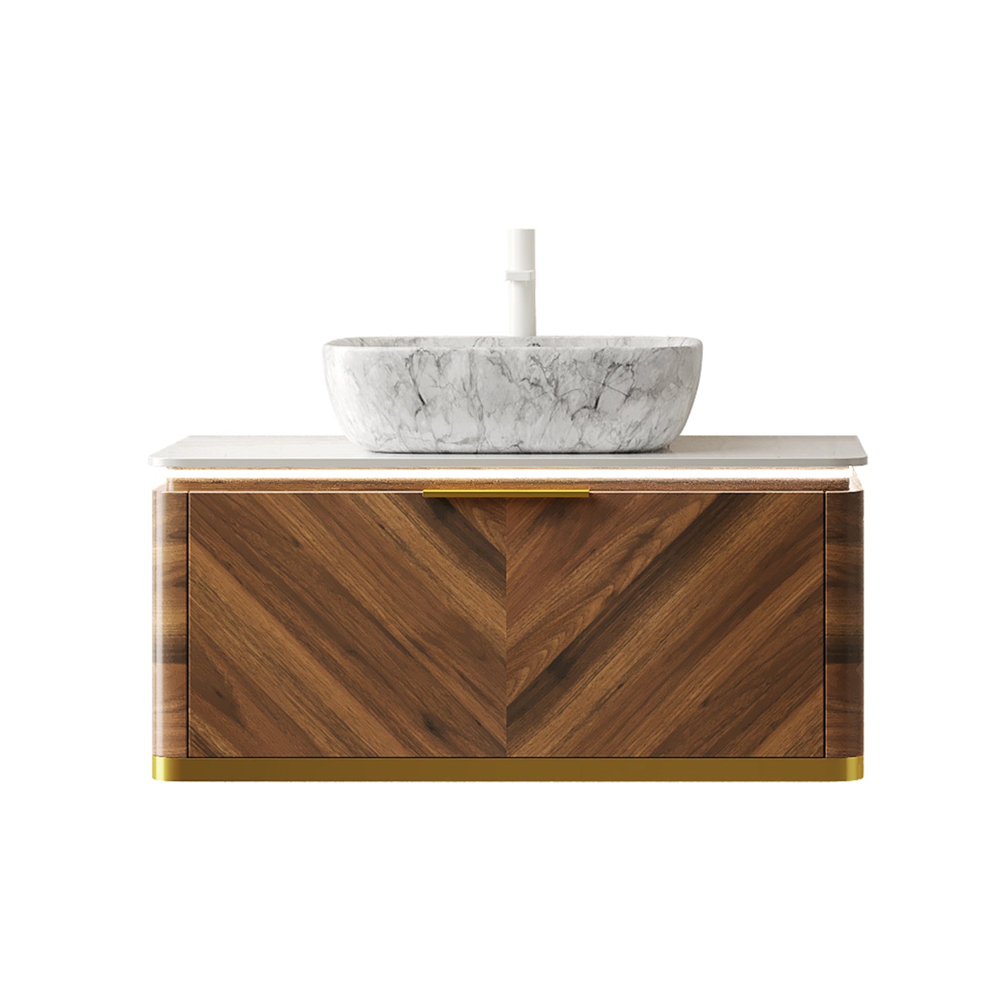 DIPA 60" Badezimmer-Waschtisch und Waschbecken, schwebender Sperrholz-Aufbewahrungsschrank, dunkle Walnussholzmaserung, gesinterte Steinplatte