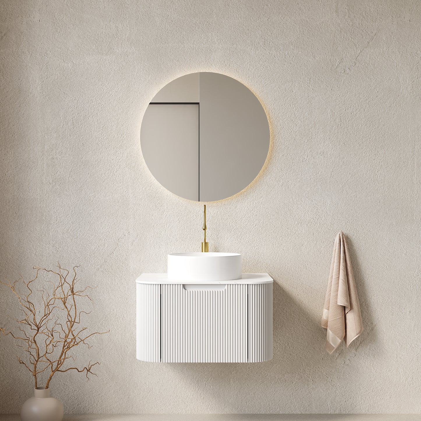 DINA 24" Bathroom Vanity&Sink, Floating Curved Edges Striped Plywood Storage Bathroom Cabinet with Drawer, White Round Ceramic Basin& Carrara White Sintered Stone Top, Pre-assembled, White (New SKU)