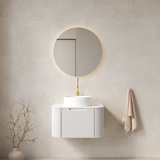 DINA 24" Bathroom Vanity&Sink, Floating Curved Edges Striped Plywood Storage Bathroom Cabinet with Drawer, White Round Ceramic Basin& Carrara White Sintered Stone Top, Pre-assembled, White (New SKU)