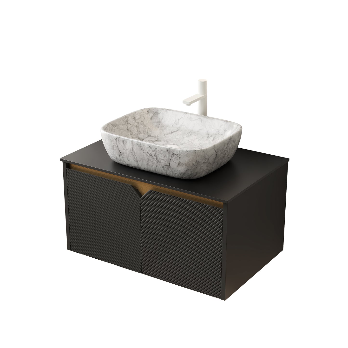 RUBEN 48" Bathroom Vanity&Sink, Wall-Mounted Floating Plywood Storage Cabinet,Black,Marble Pattern Rectangle Ceramic Vessel Basin