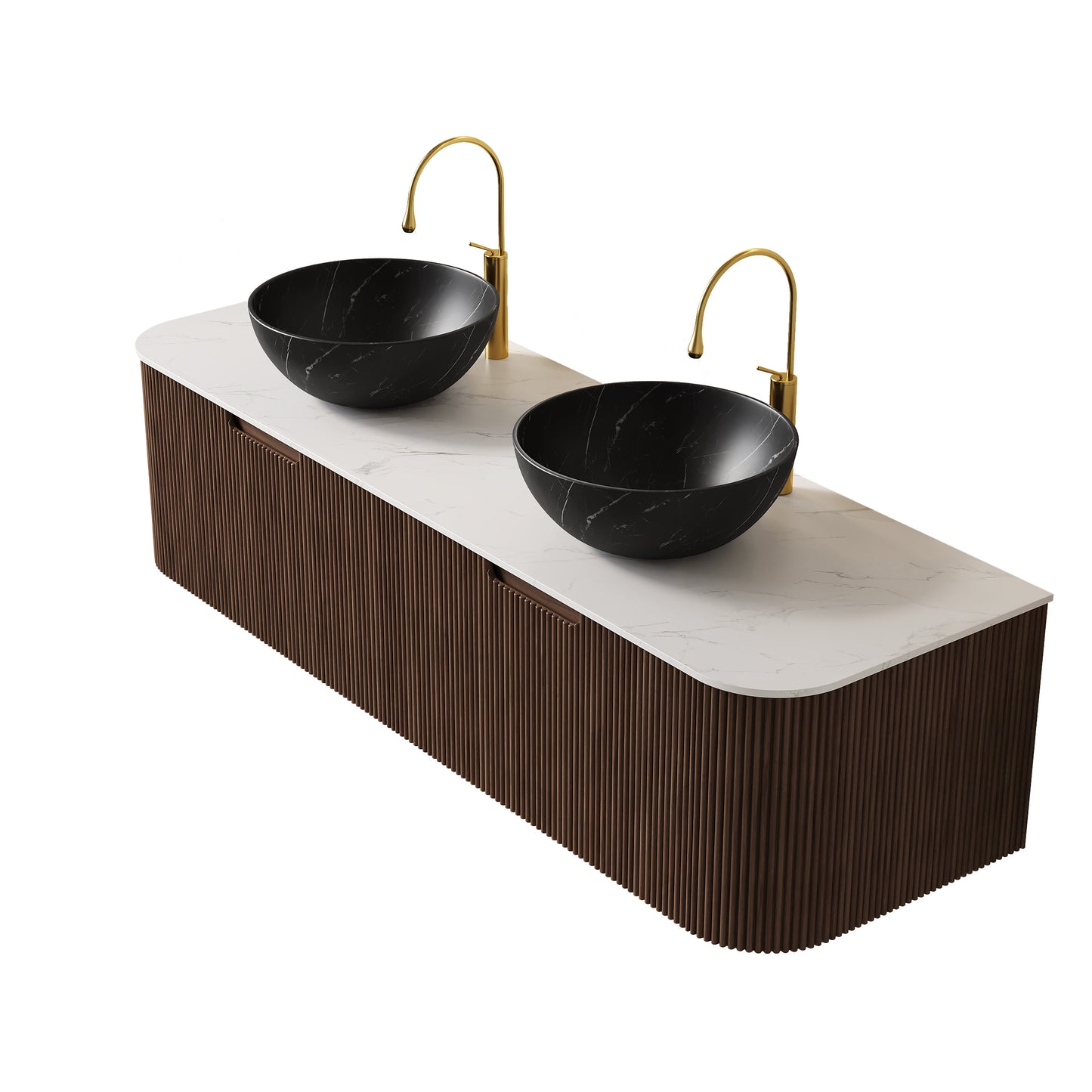 DINA 24" Bathroom Vanity&Sink, Floating Curved Edges Striped Storage Cabinet with Drawer, Stone Black Round Ceramic Basin&Carrara White Sintered Stone Top, Pre-assembled, Dark Walnut Woodgrain Color