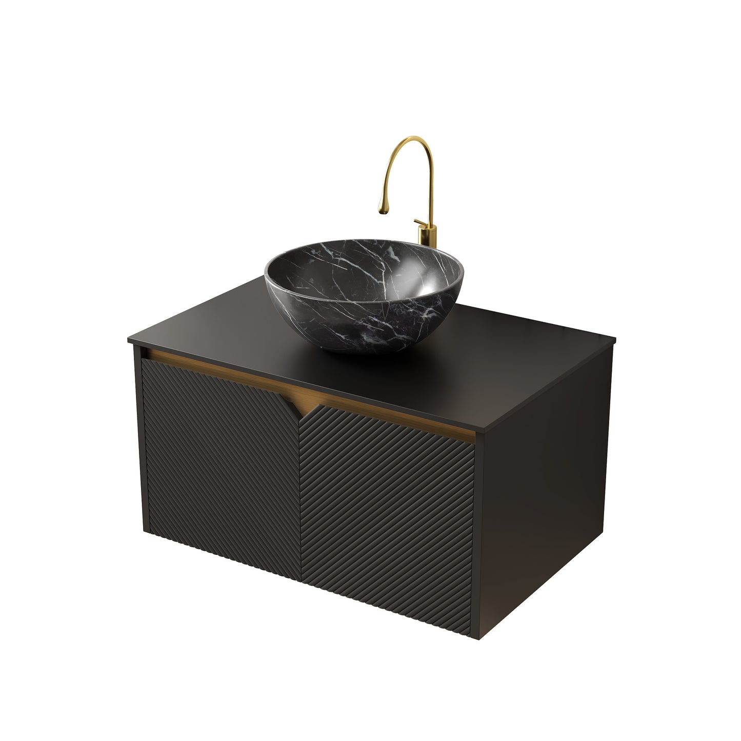 RUBEN 48" Bathroom Vanity&Sink, Wall-Mounted Floating Plywood Storage Cabinet, Black,Black Bowl Ceramic Vessel Basin