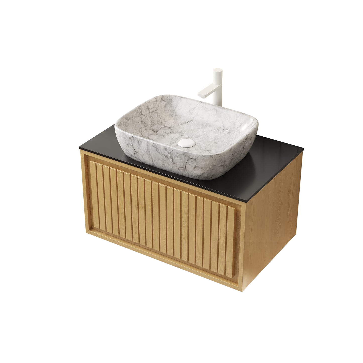 KOLAS 30" Bathroom Vanity&Sink, Wall-Mounted Plywood Bathroom Storage Cabinet with Drawer, Marble Pattern Ceramic Vessel Basin&Black Sintered Stone Top