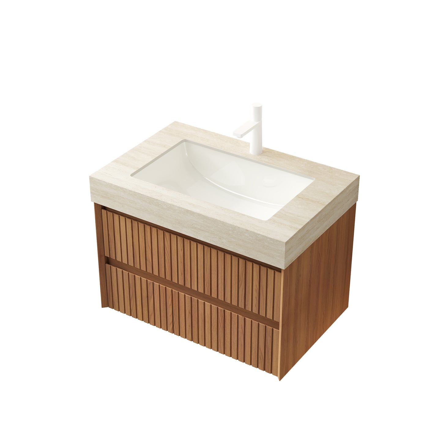 TILLEY 30" Bathroom Vanity&Sink, Floating Striped Plywood Storage Cabinet with 2 Drawers,Travertine-Pattern Sintered Stone Top