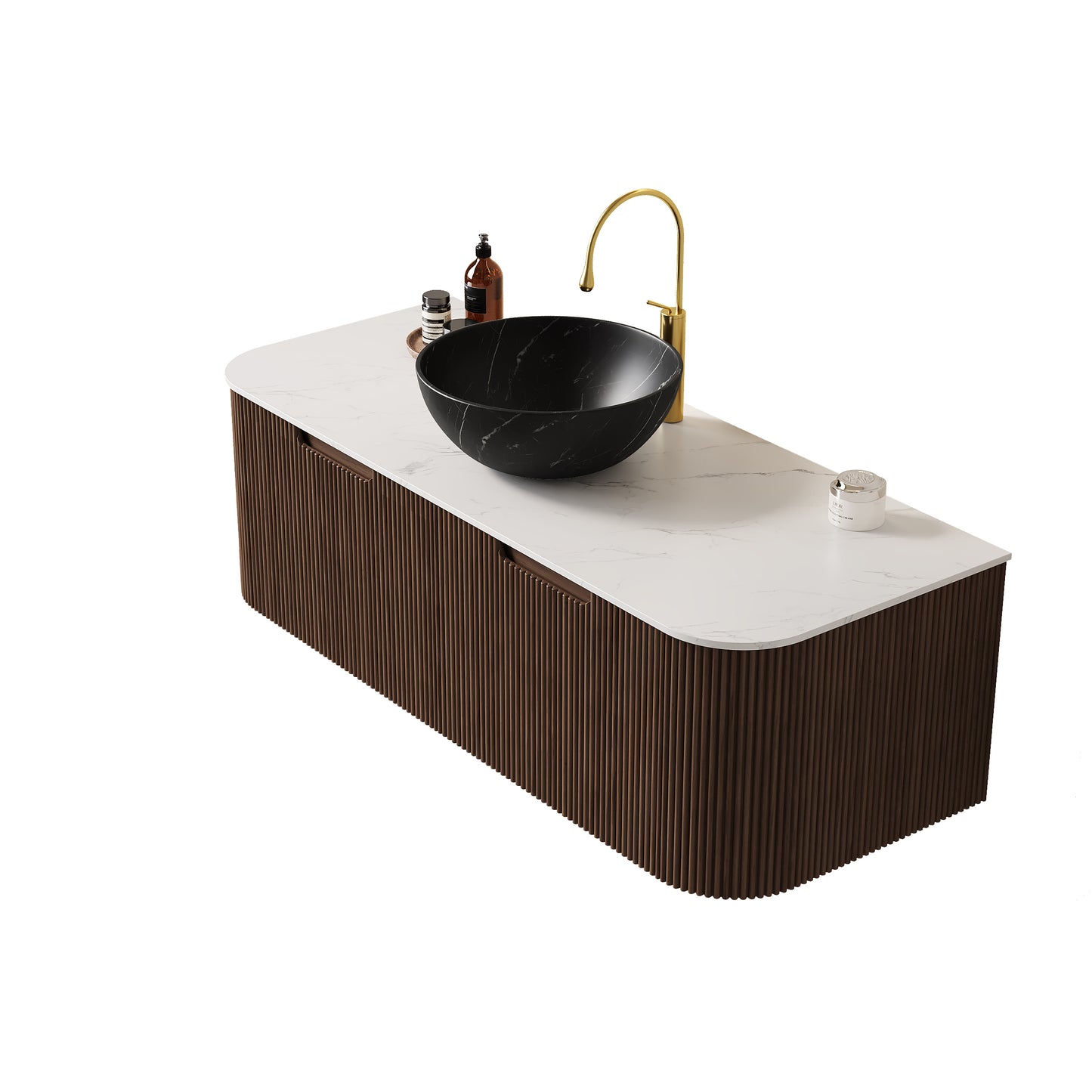 DINA 24" Bathroom Vanity&Sink, Floating Curved Edges Striped Storage Cabinet with Drawer, Stone Black Round Ceramic Basin&Carrara White Sintered Stone Top, Pre-assembled, Dark Walnut Woodgrain Color