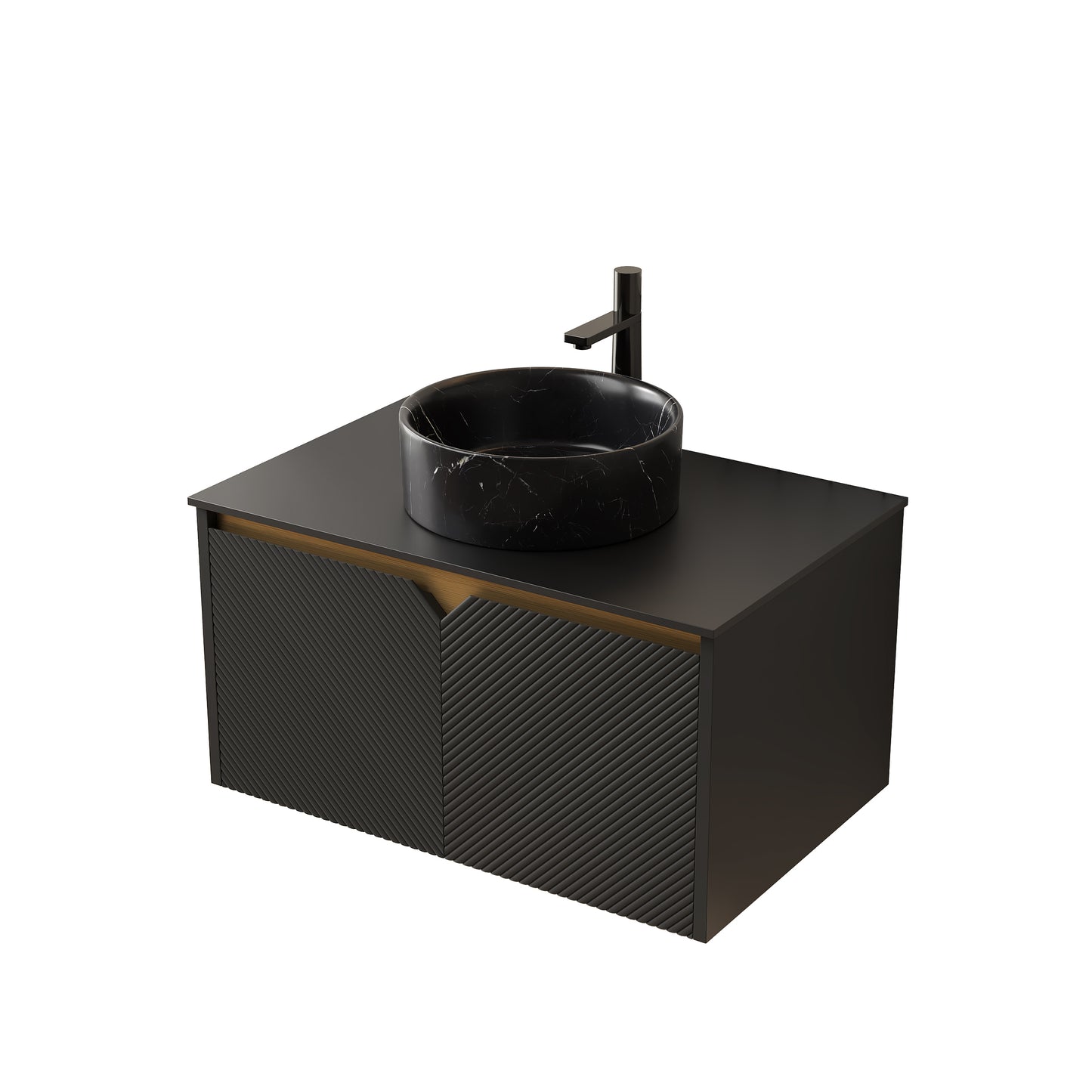 RUBEN 30" Bathroom Vanity&Sink, Wall-Mounted Floating Plywood Storage Cabinet, Black, Black Round Ceramic Vessel Basin