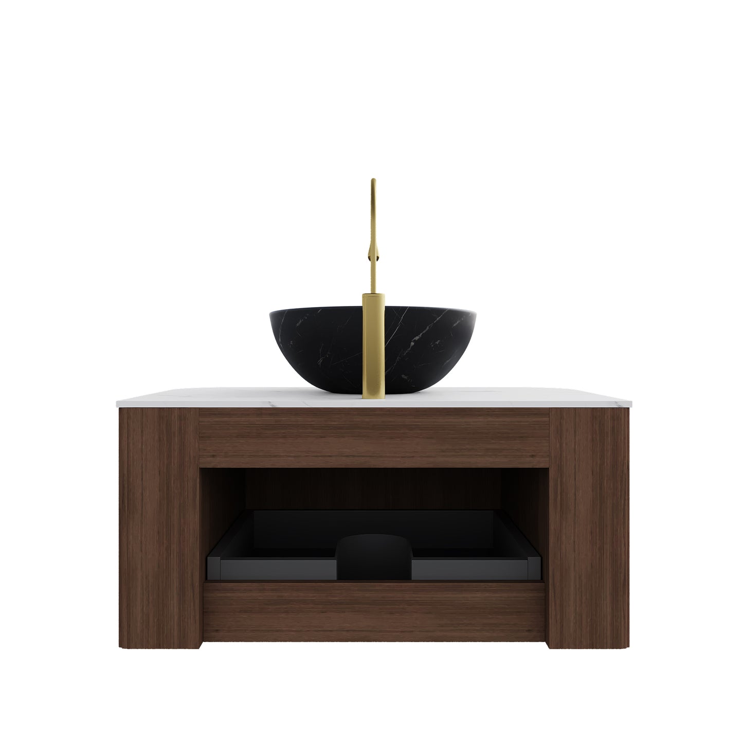 DINA 24" Bathroom Vanity&Sink, Floating Curved Edges Striped Storage Cabinet with Drawer, Stone Black Round Ceramic Basin&Carrara White Sintered Stone Top, Pre-assembled, Dark Walnut Woodgrain Color