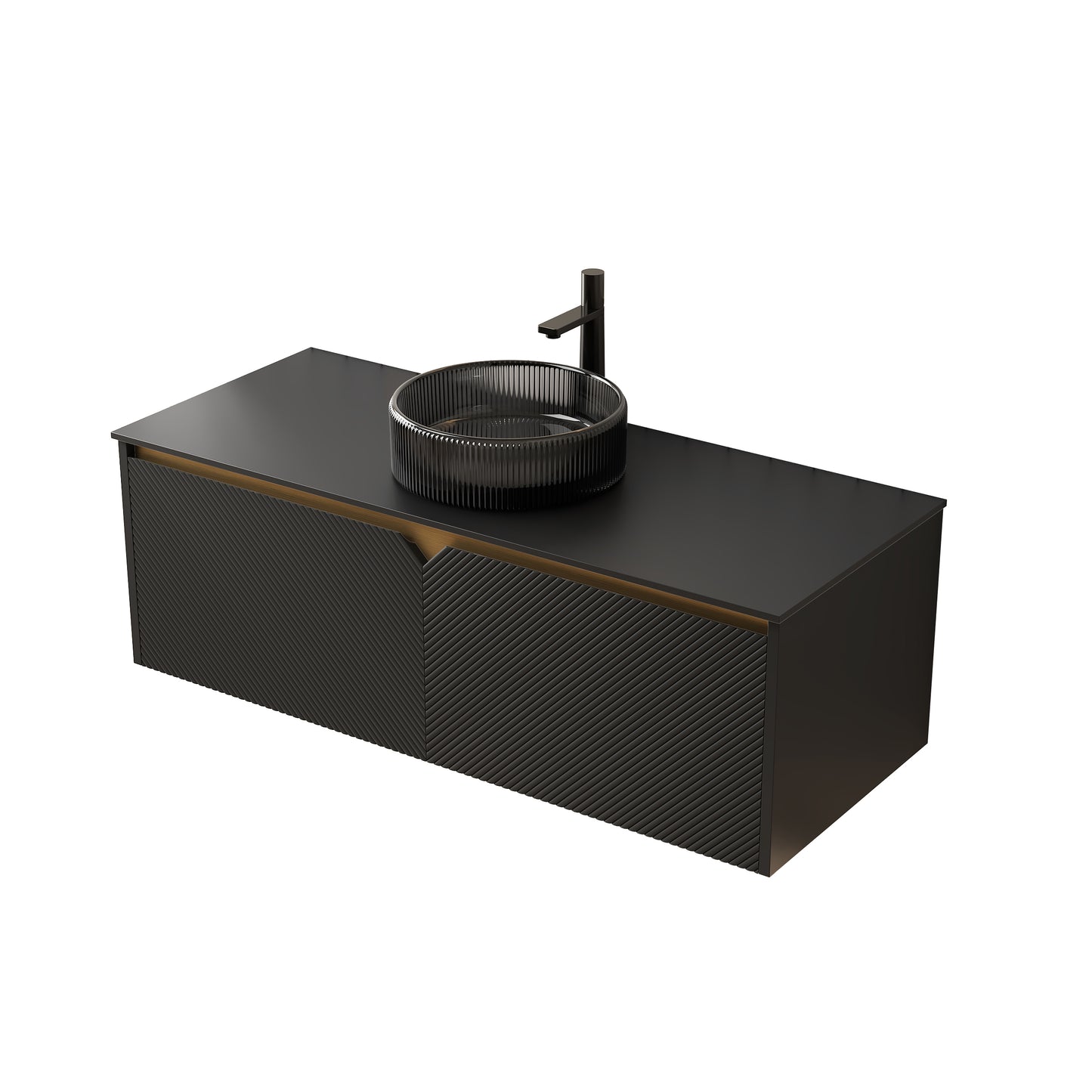 RUBEN 48" Bathroom Vanity with Sink, Wall-Mounted Floating Plywood Storage Cabinet, Black , Transparent Black Round Glass Basin